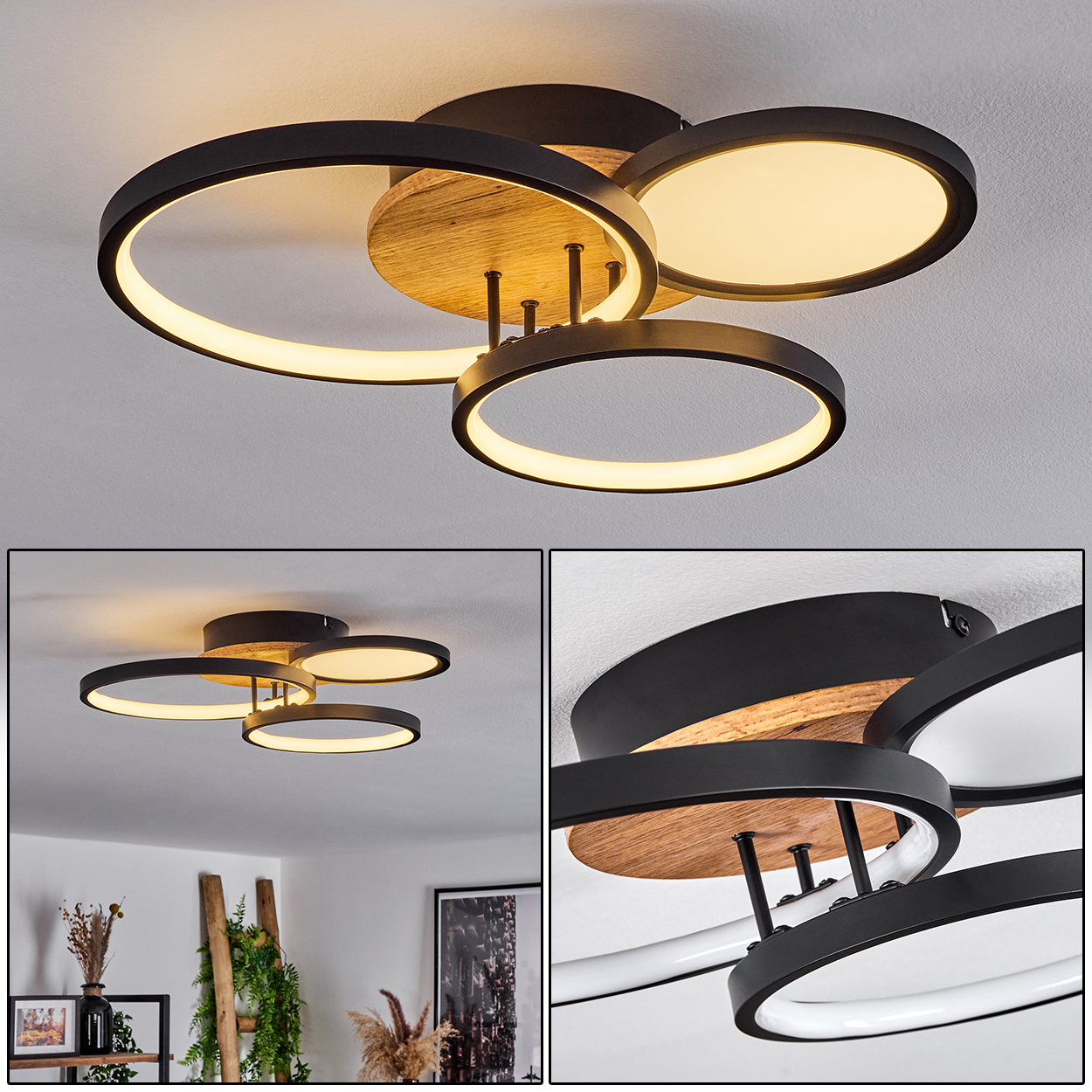 Deckenlampe mit drei schwarzen, ovalen Lichtern, Holzakzenten. Inklusive Nahaufnahmen und einem geteilten Bild.