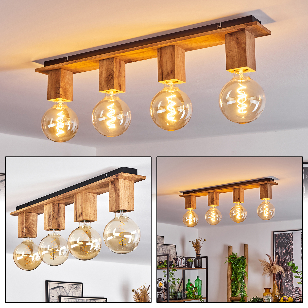 Mehrere Bilder einer Deckenlampe mit vier Globuslampen und Holzbalken. Der Hintergrund hat Dekor.