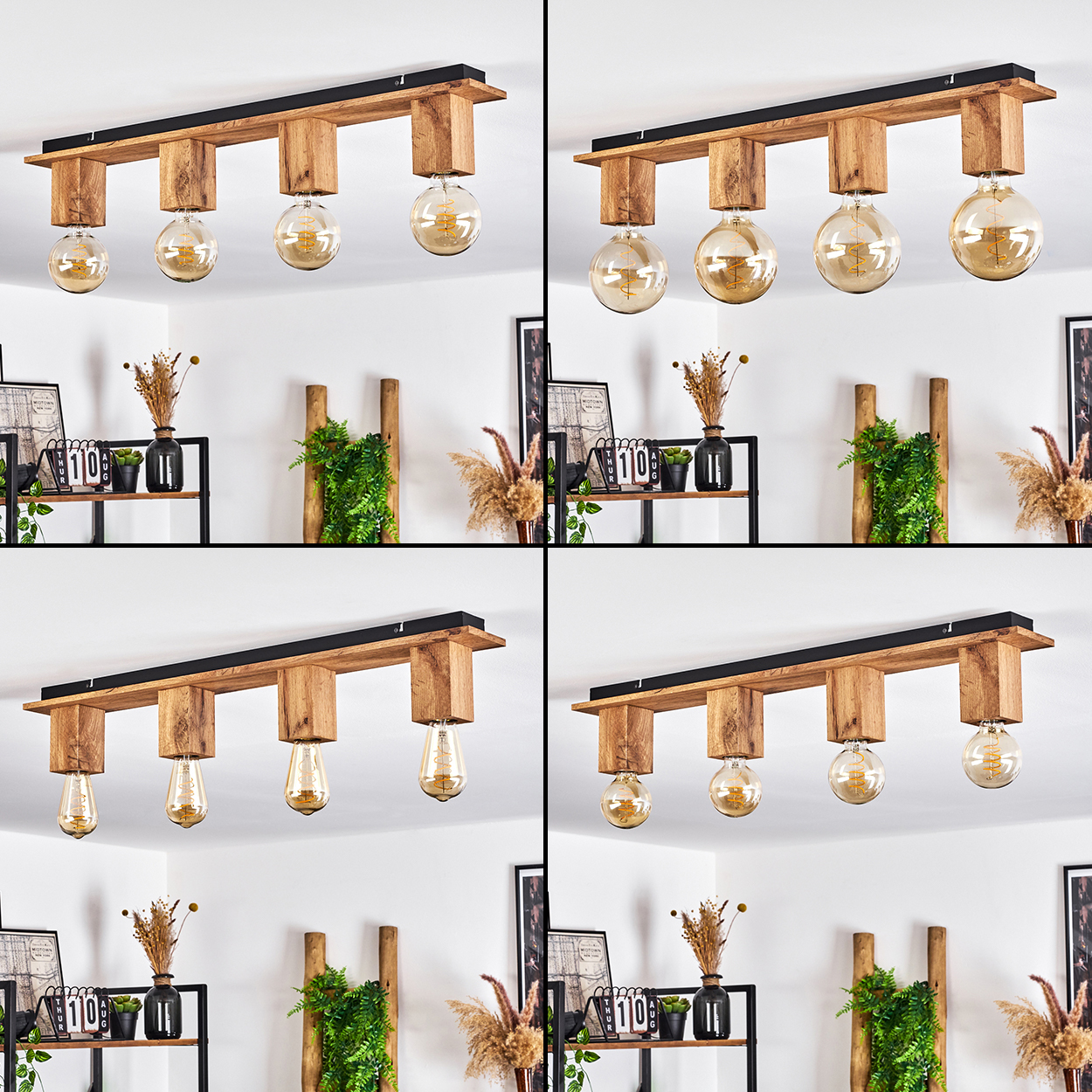 Vier Bilder einer Deckenlampe, jedes mit einem anderen Glühbirnenstil in einer häuslichen Umgebung.
