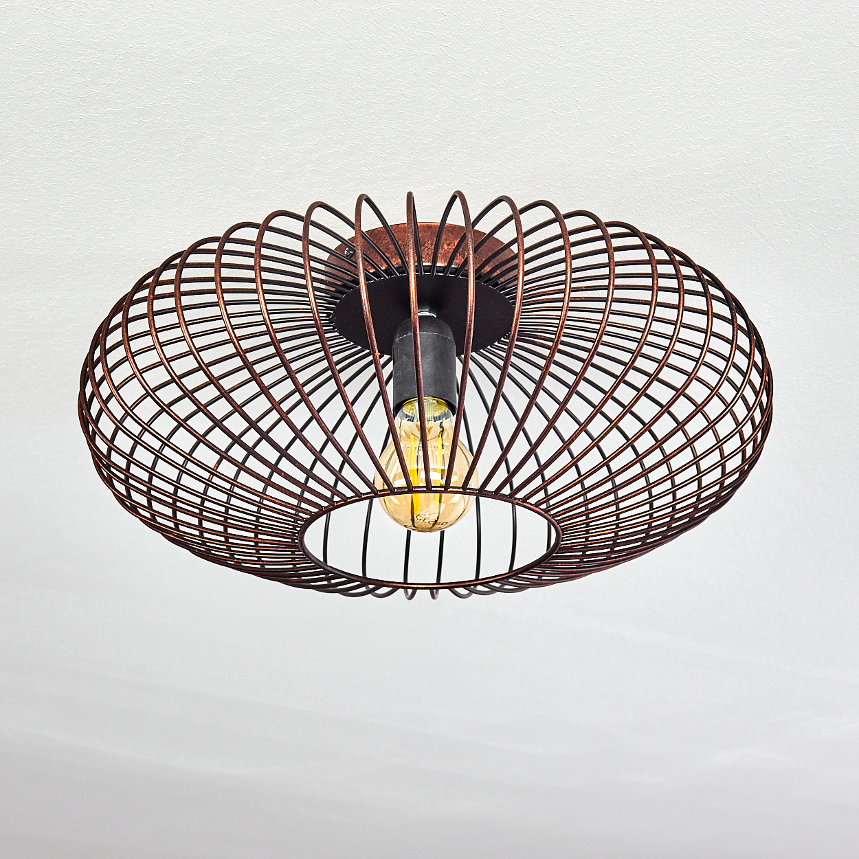 Ovale Drahtrahmen-Deckenleuchte mit Glühbirne. Die Lampe hat eine kupferne Farbe.