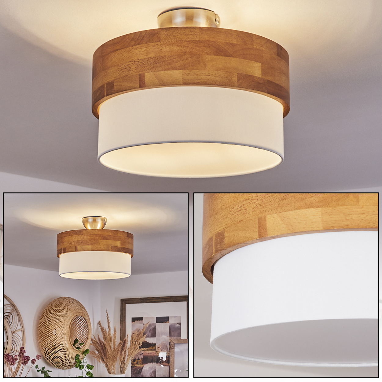 Eine Deckenlampe mit Holz- und weißen Elementen, mit zwei Detailaufnahmen.