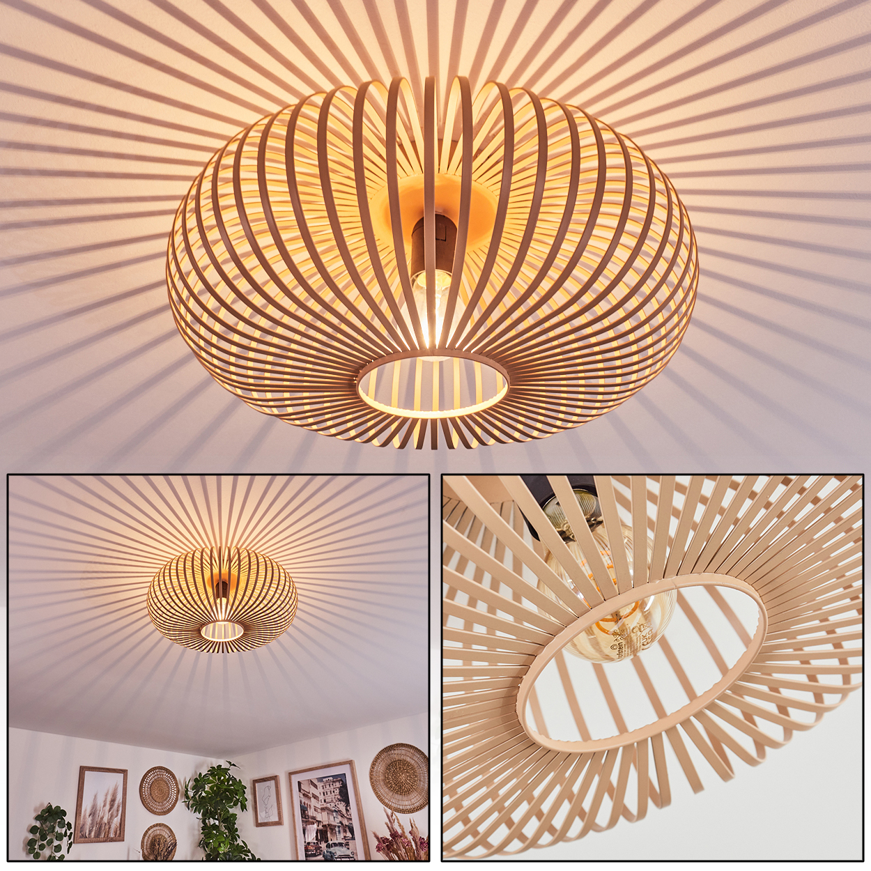 Deckenlampe aus Holzlamellen mit sichtbarer Glühbirne, wirft Schatten an die Decke.