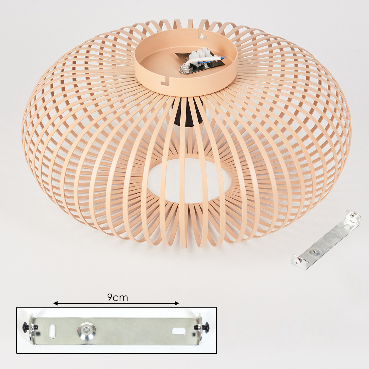 Draufsicht auf eine Deckenlampe aus Holz mit Montagehalterung.