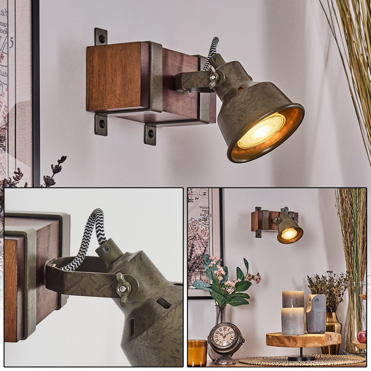 Ein Wandstrahler mit Holzsockel und verstellbarem, olivgrünem Metallschirm, beleuchtet.
