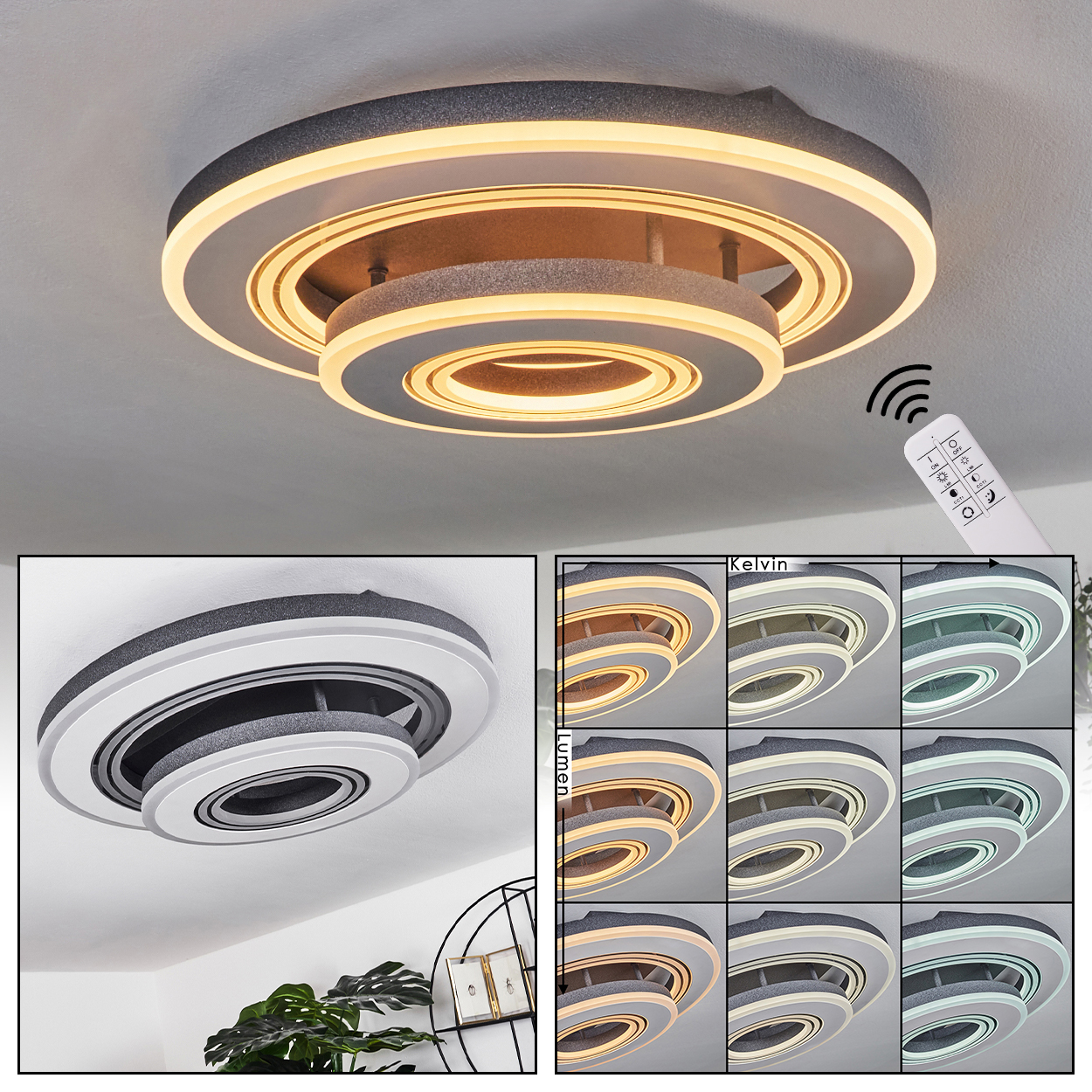 Eine moderne Deckenleuchte mit grauem und weißem Design. Rechts befindet sich eine Fernbedienung.