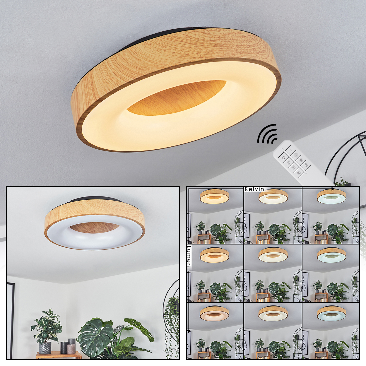 Ovale Deckenlampe mit Holzrahmen, die Licht emittiert, mit Fernbedienung und alternativen Lichteinstellungen.