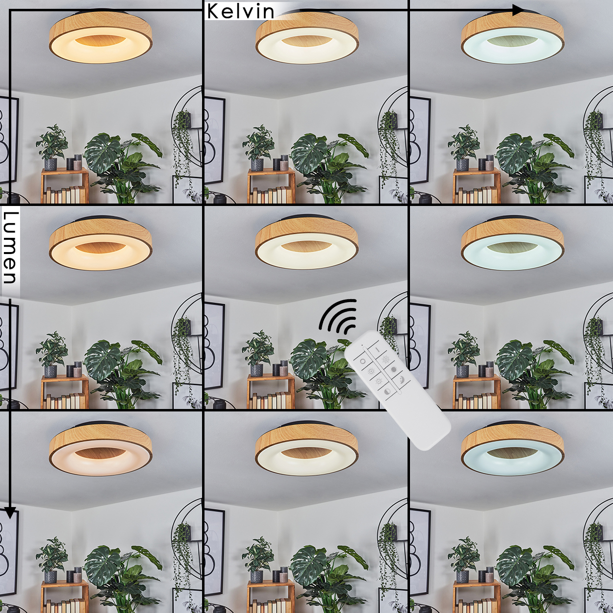 Bild mit verschiedenen Lichteinstellungen einer Deckenlampe in einem Raum mit Pflanzen und Fernbedienung.