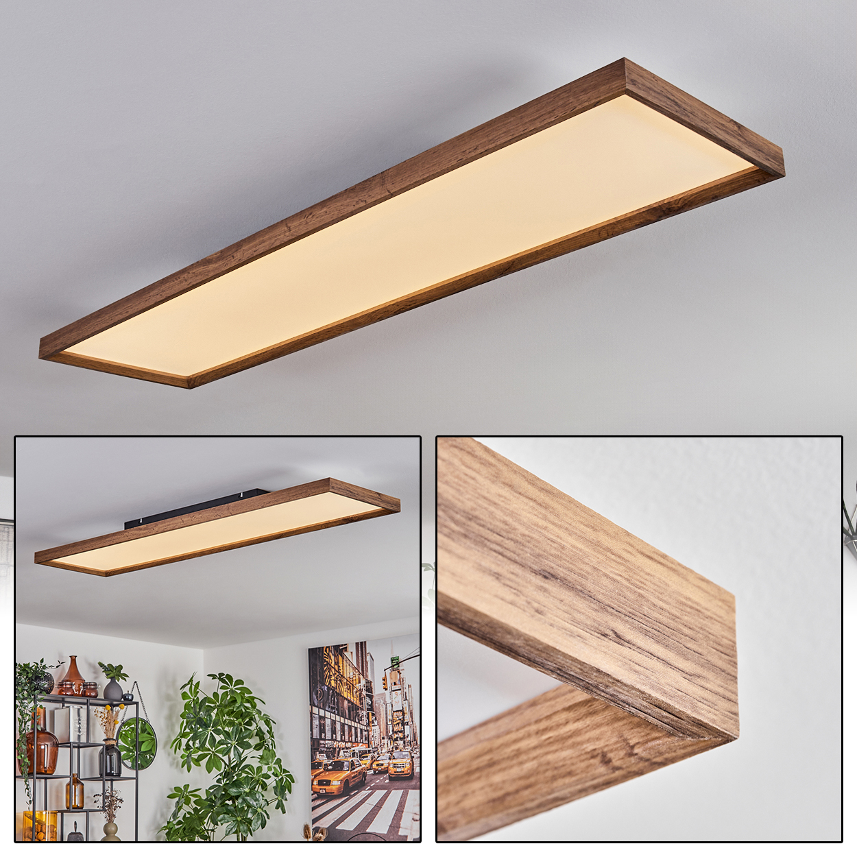 Eine rechteckige Deckenleuchte mit Holzrahmen. Sie hat eine weiße Lichtquelle und ist an einer weißen Decke montiert.