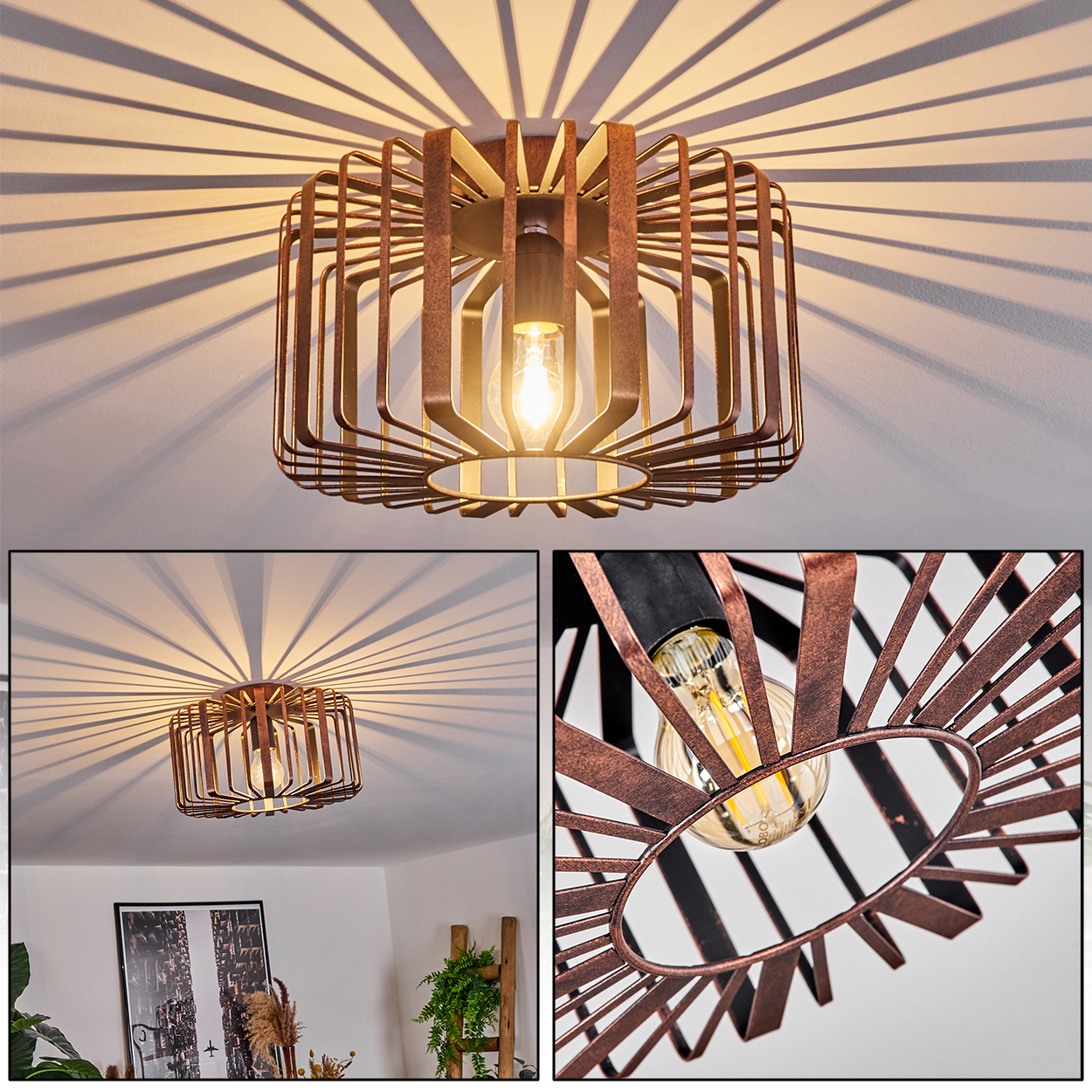Eine bronzefarbene, käfigartige Deckenleuchte mit sichtbarer Glühbirne, die Schatten an die Decke wirft.