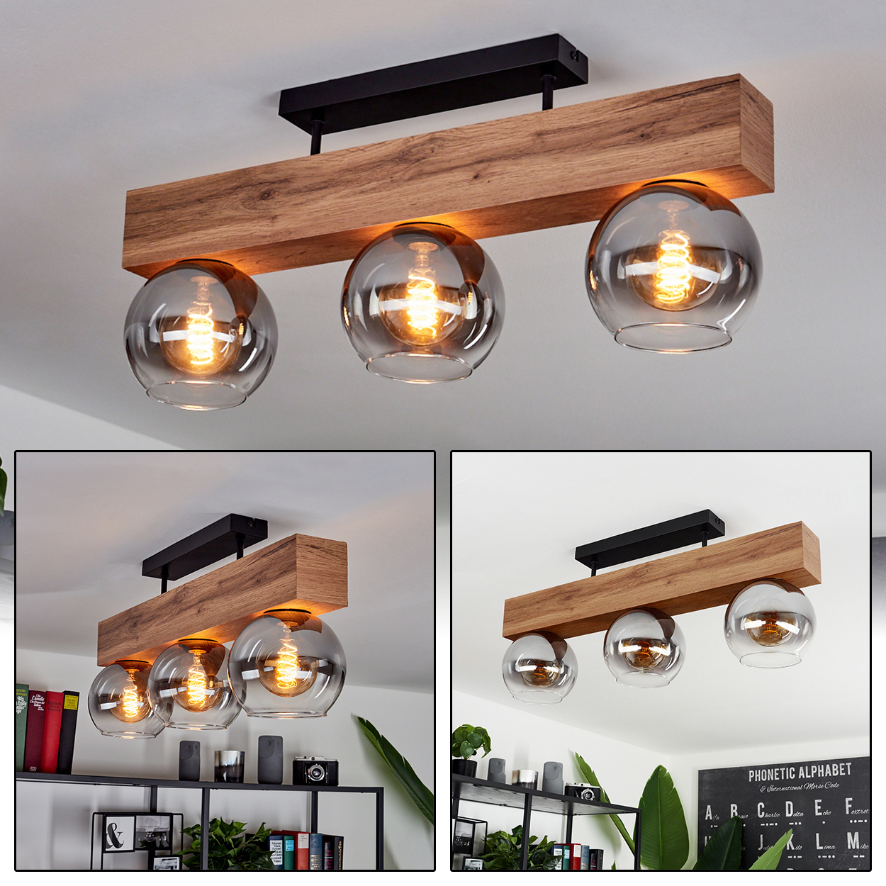 Ein Holzbalken mit drei Glaskugelleuchten hängt. Die Szene ist gut beleuchtet, mit einem Holzbalken im Hintergrund.