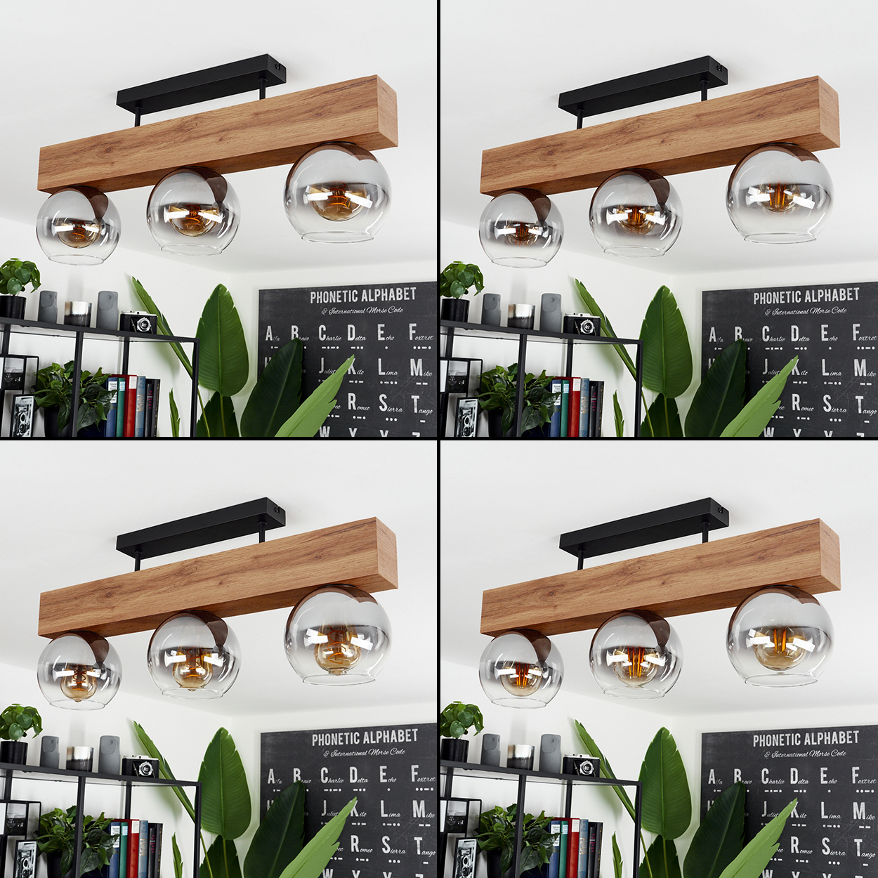 Vier Bilder eines Holzbalkens mit drei kugelförmigen Lichtern. Pflanzen und eine Tafel im Hintergrund.