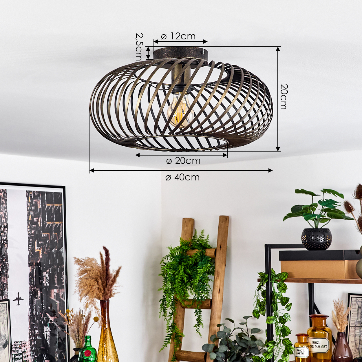 Eine Deckenleuchte mit bronzefarbenem, gewebtem Design. Abmessungen sind auf dem Bild beschriftet.
