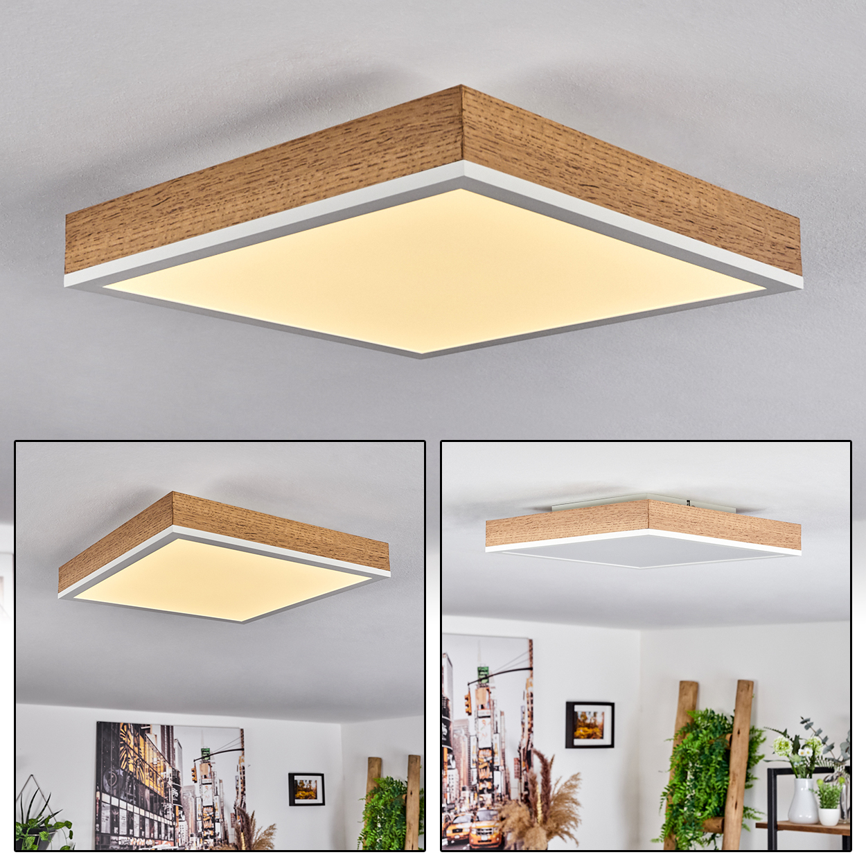 Quadratische Deckenleuchte mit Holzrahmen und weißem Lichtpaneel. Zusätzliche Bilder zeigen Details und Aufbau.