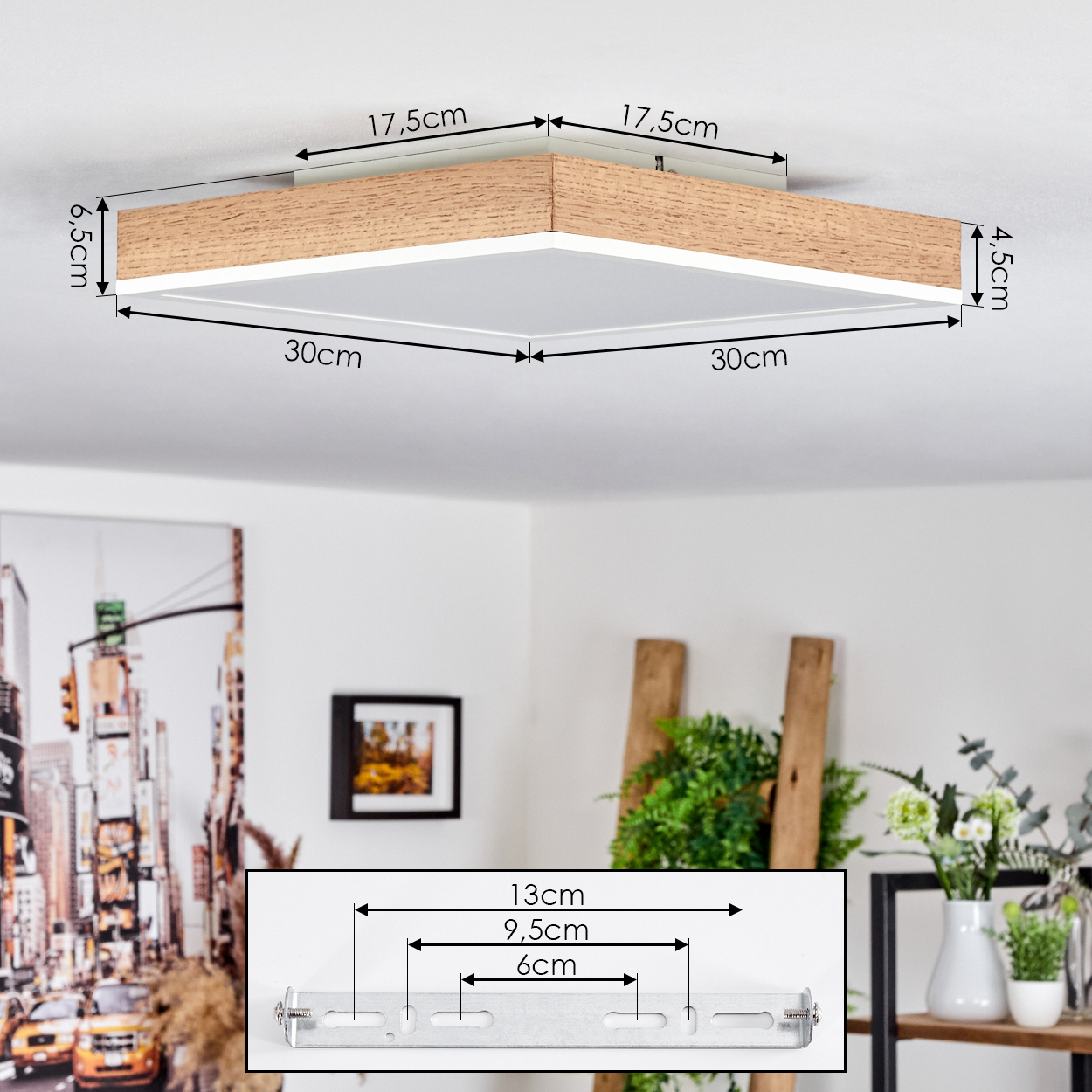 Diagramm mit Maßen einer quadratischen Deckenleuchte, einschließlich Abmessungen und einer Montagehalterung.