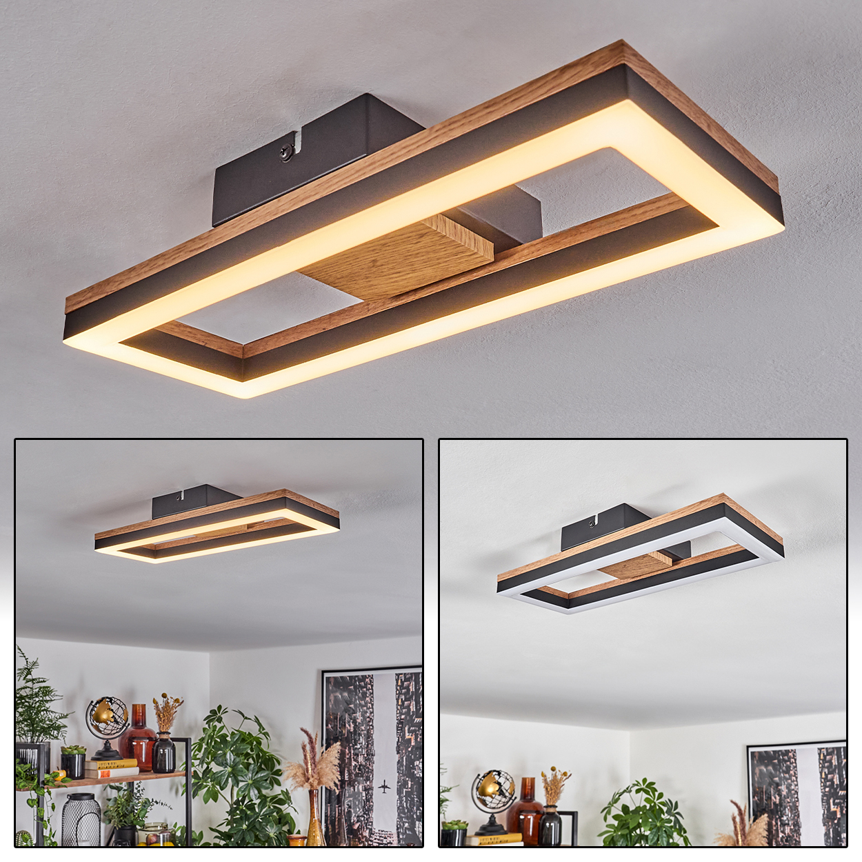Moderne rechteckige Deckenleuchte mit Holzverkleidung, mit mehreren Ansichten.