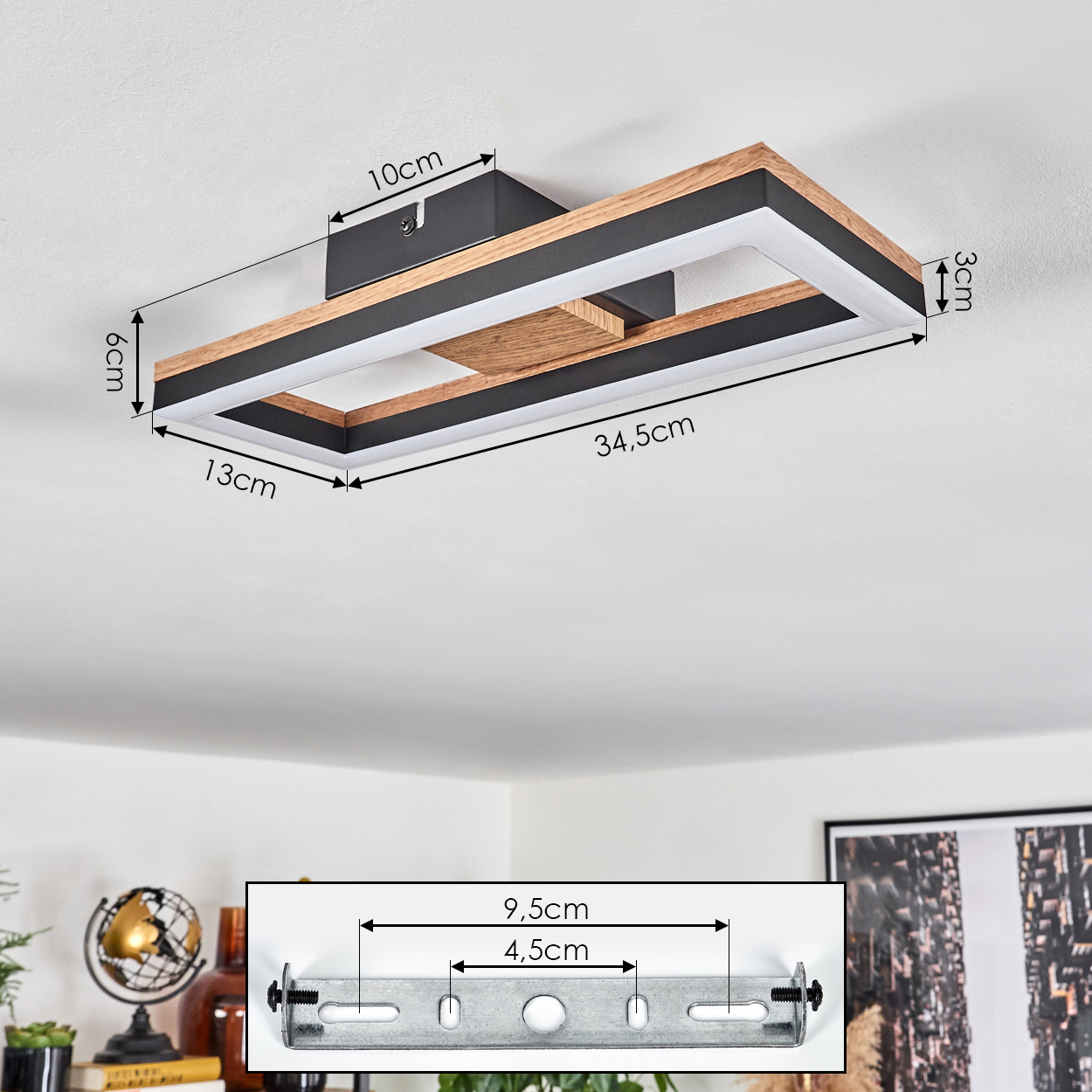 Diagramm mit Maßen einer rechteckigen Deckenleuchte und ihrer Montagehalterung.