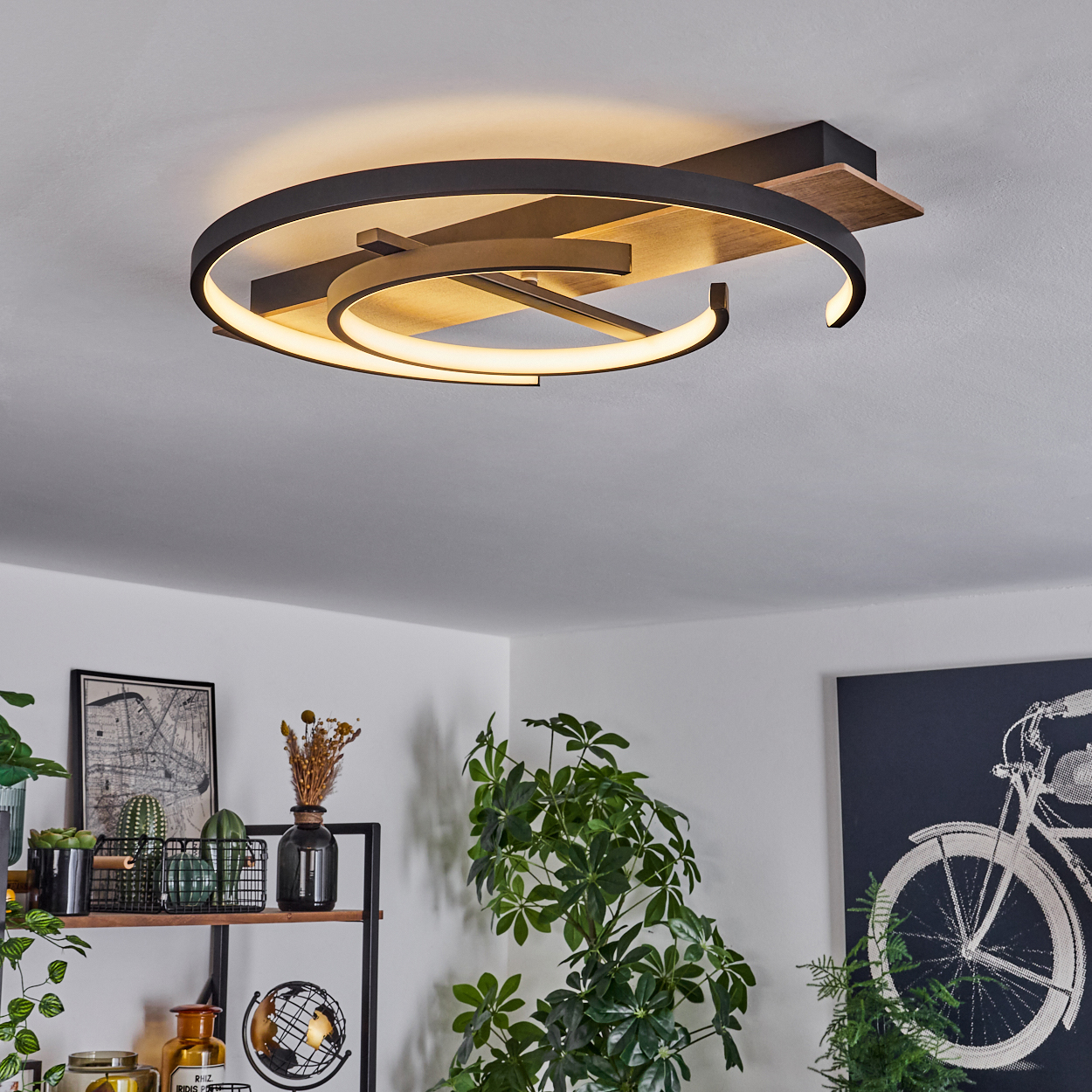 Deckenleuchte mit schwarzem und braunem Design. Der Raum hat Pflanzen und Kunst.