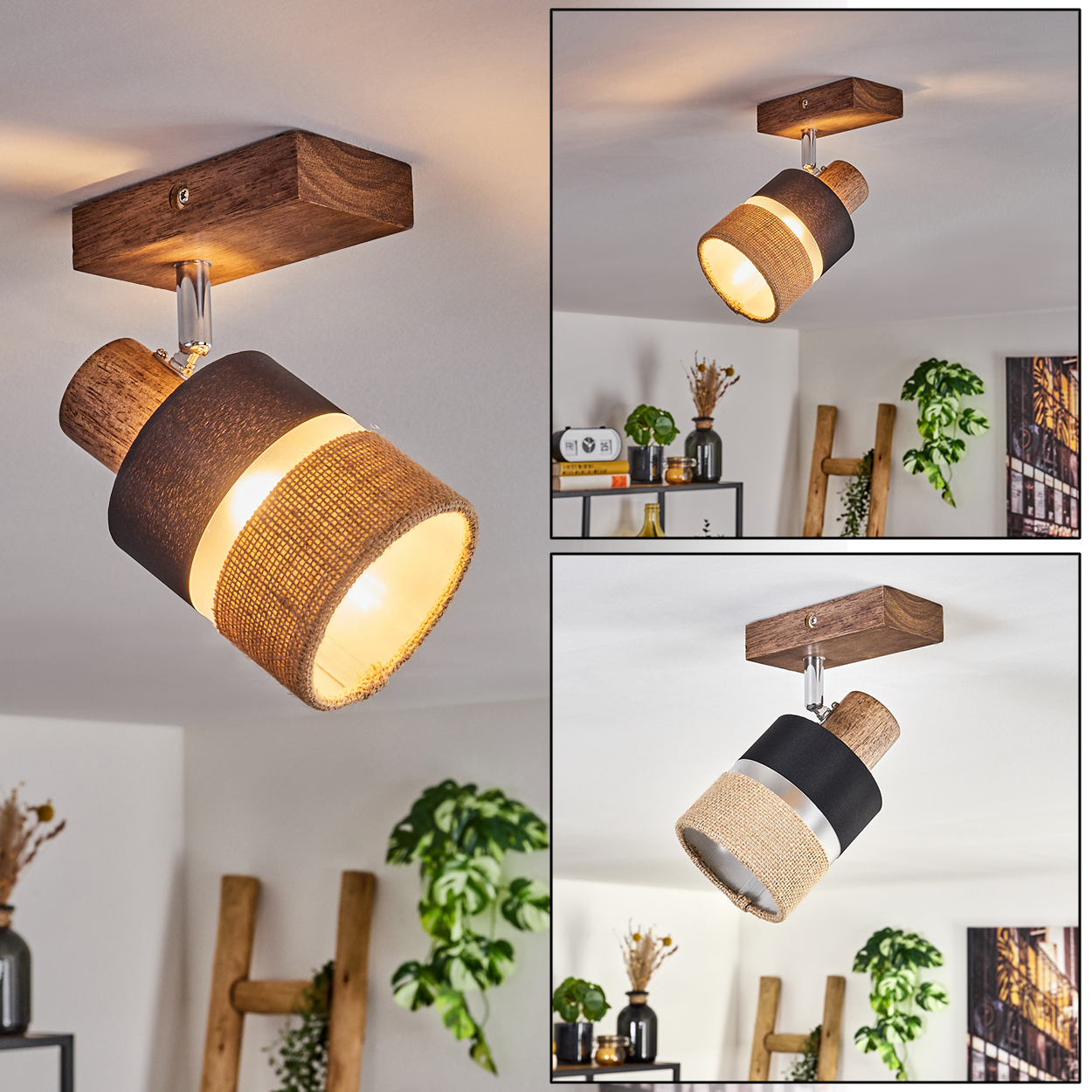 Mehrere Ansichten einer Deckenlampe mit verstellbarem Strahler und Jute- und schwarzem Schirm.
