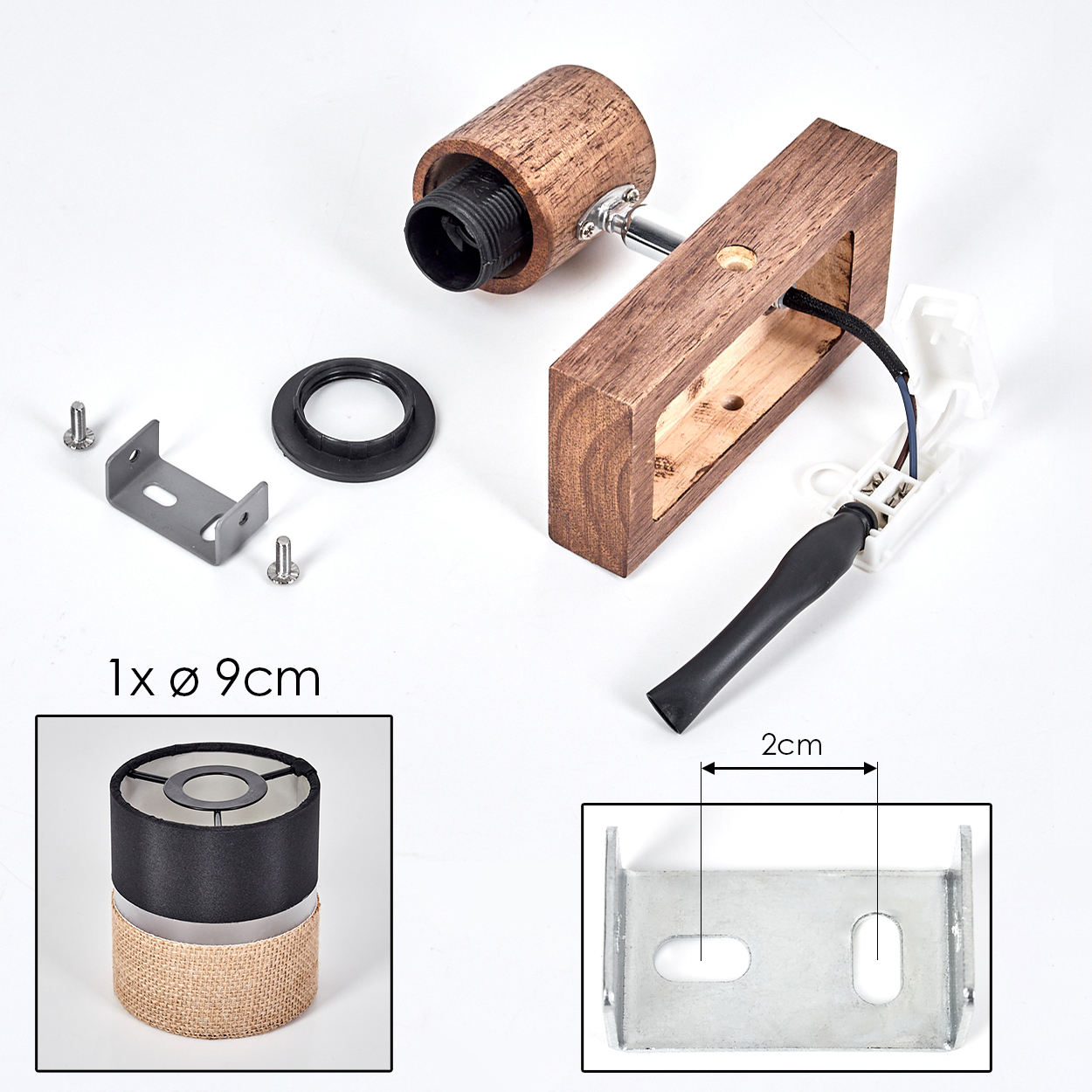 Zerlegte Lampenteile: Holzsockel, Metallhalterung, schwarz-weiße Drähte und Schirm.