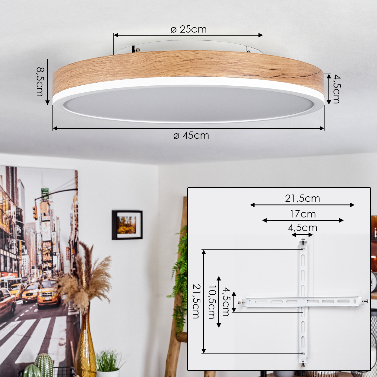 Deckenlampe mit Maßen, Holzmaserungsring und weißem Zentrum, in einem Raum.