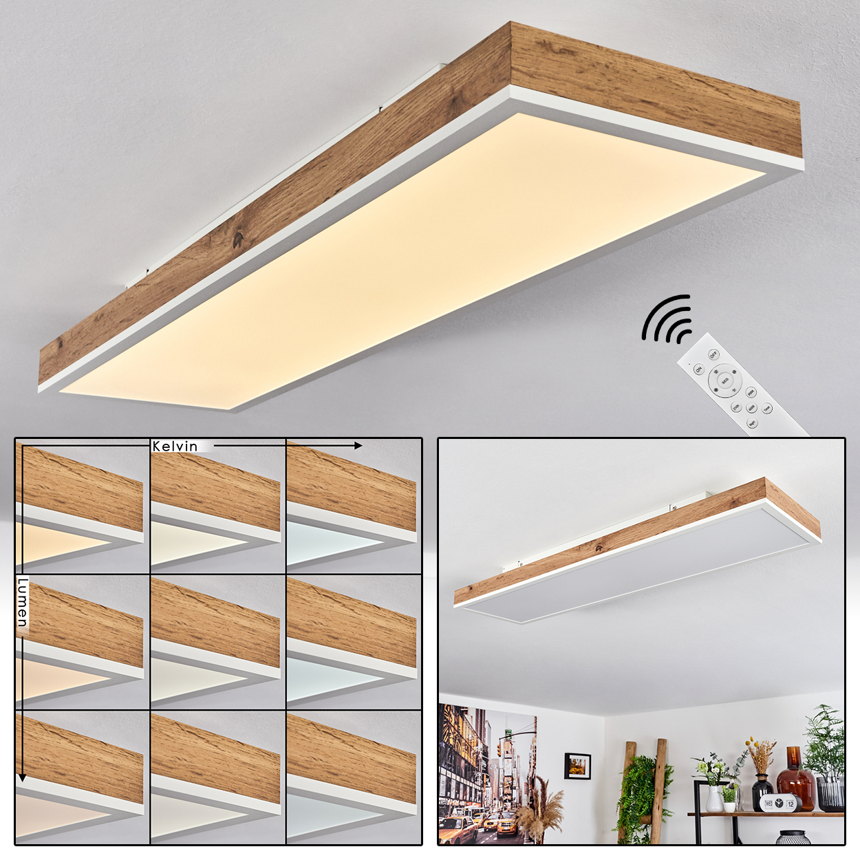 Deckenleuchte mit einstellbarer Helligkeit und Farbtemperatur. Sie hat einen Holzrahmen und eine Fernbedienung.