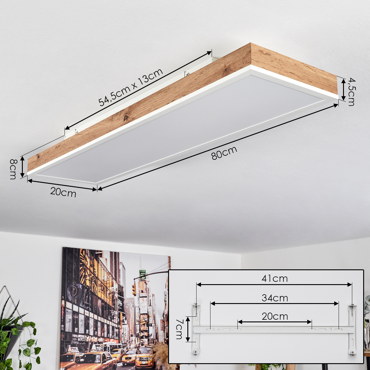 Rechteckige Deckenleuchte mit Abmessungen. Sie hat einen Holzrahmen und ein weißes Lichtpaneel. Maße sind angegeben.