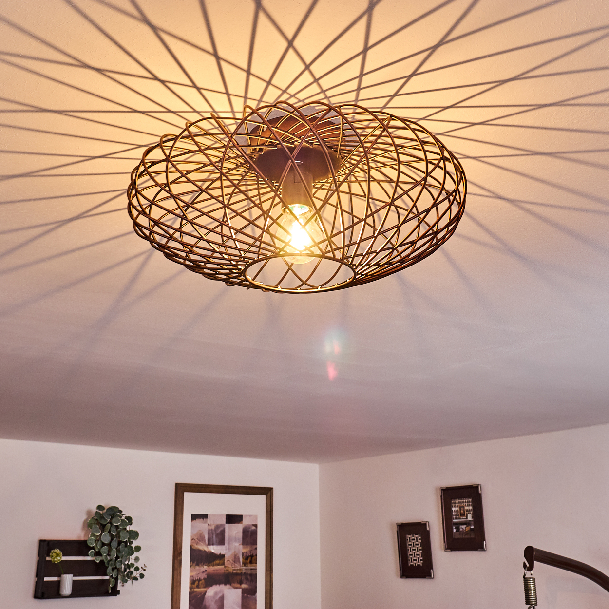 Eine Deckenleuchte mit kupferfarbenem Drahtrahmen-Design und einer einzelnen Glühbirne. Schatten an der Decke.