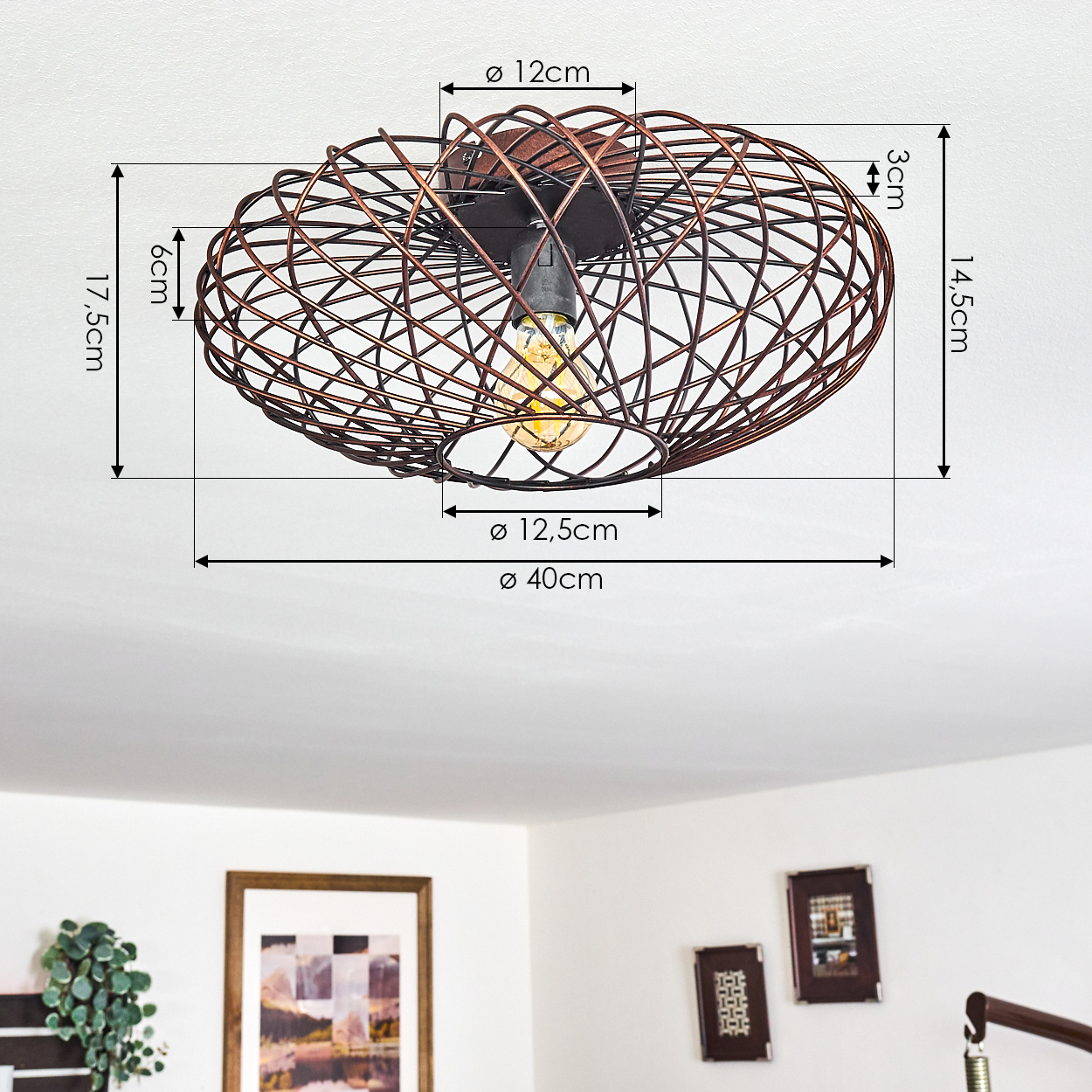 Eine Deckenleuchte mit kupferfarbenem Drahtrahmen-Design und einer einzelnen Glühbirne. Abmessungen werden gezeigt.