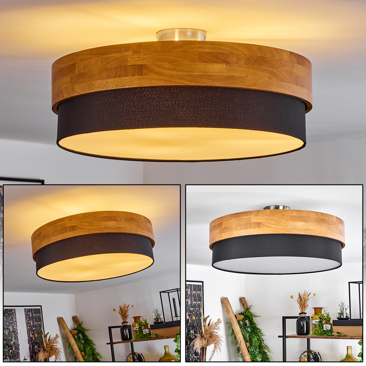 Deckenlampe mit Holz- und schwarzen Elementen. Mehrere Bilder zeigen die Lampe in verschiedenen Raumkontexten.