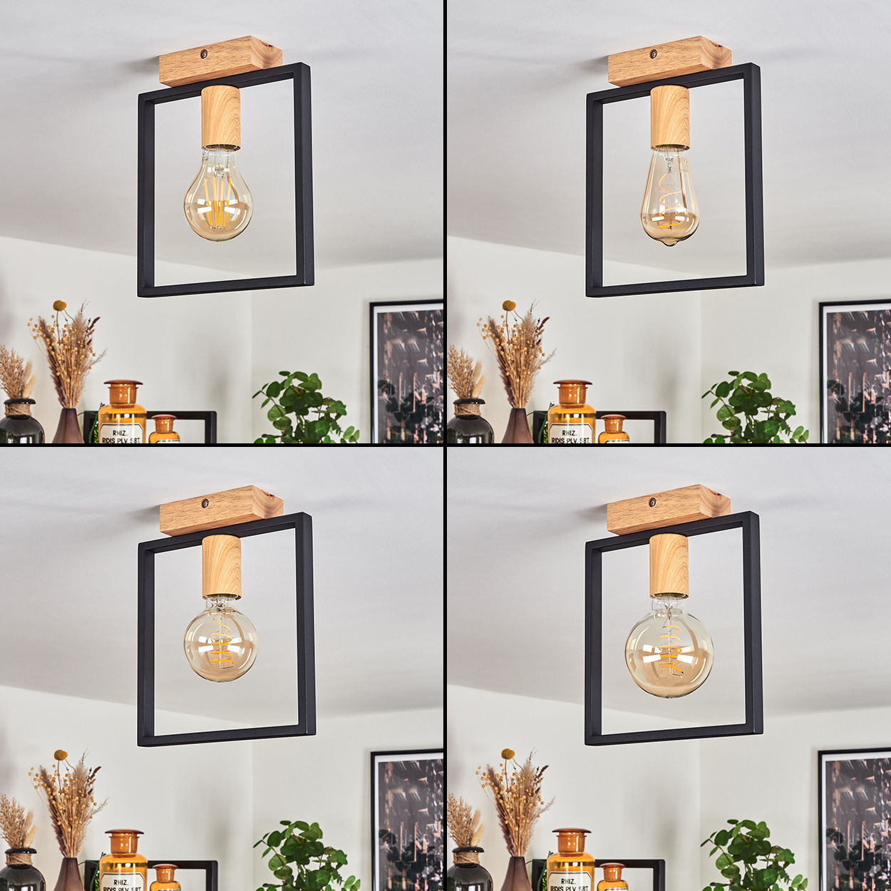Vier Bilder einer Deckenlampe mit Holzaufsatz, schwarzem Rahmen und sichtbarer Glühbirne. Weitere Gegenstände im Hintergrund.
