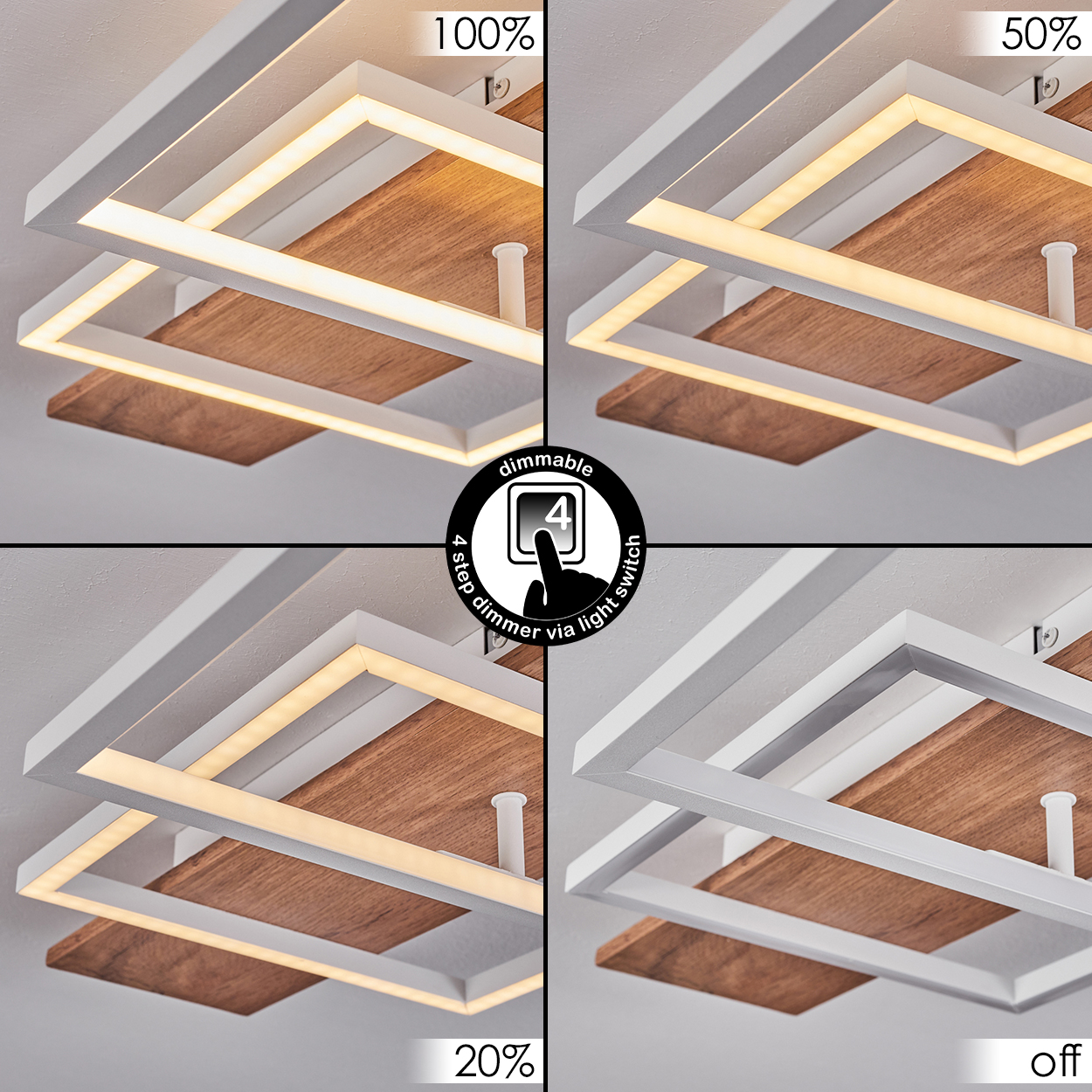 Vier Bilder, die eine Deckenleuchte mit Dimmoptionen zeigen. Das Licht hat einen Holz- und Weißrahmen.