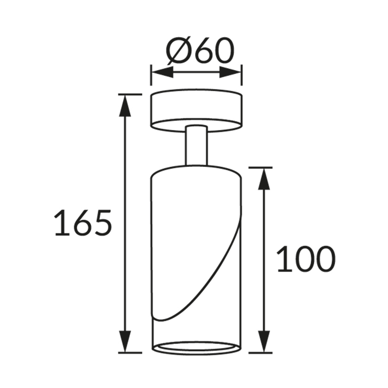 Technische Zeichnung einer zylindrischen Leuchte. Maße in mm: 165mm Höhe, 100mm Licht, Ø60mm.