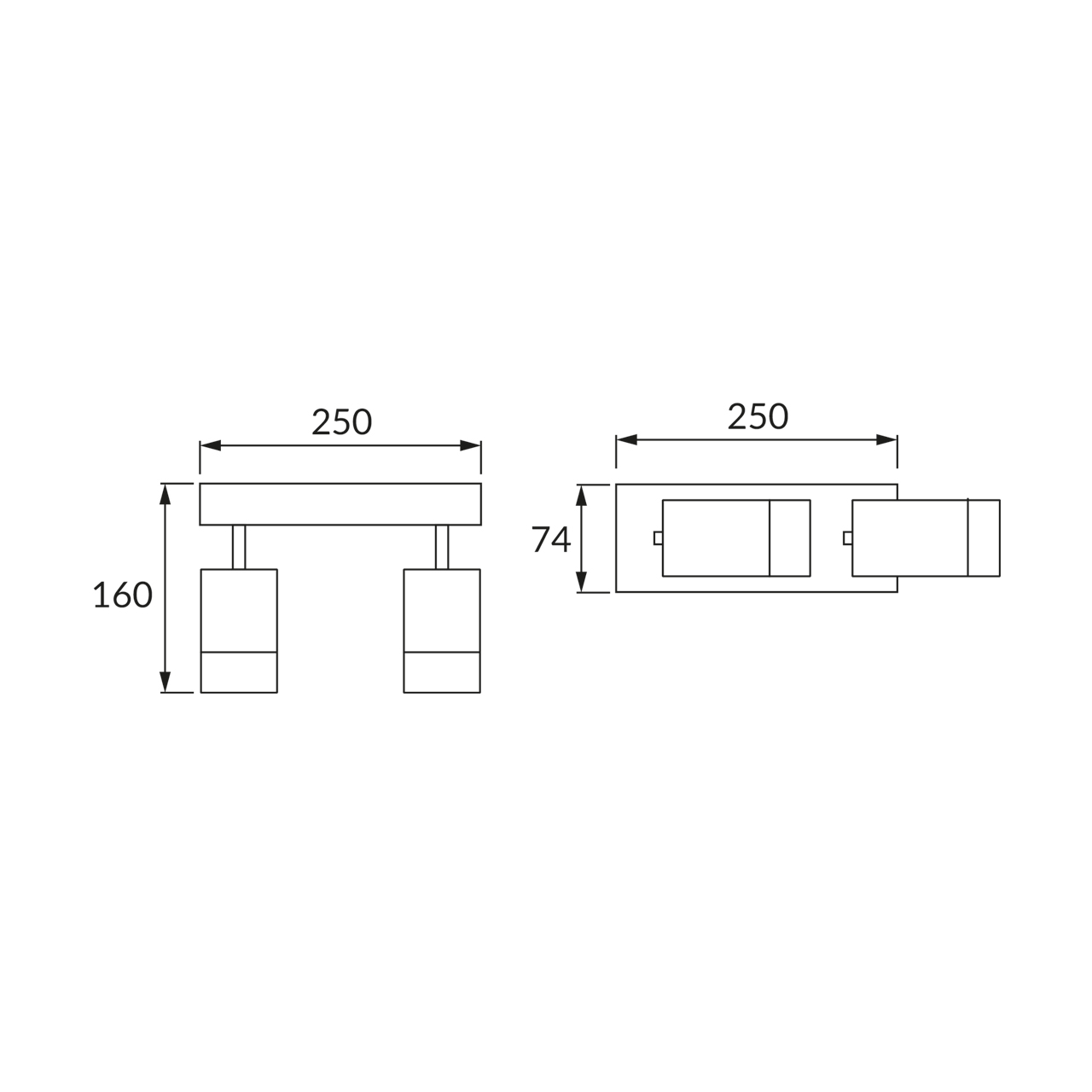 Diagramm einer Deckenleuchte mit zwei Strahlern. Abmessungen in Millimetern. Weißer Hintergrund.