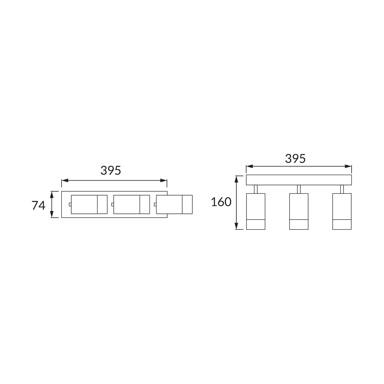 Draufsicht und Seitenansicht Diagramm einer Deckenleuchte. Abmessungen in Millimetern. Weißer Hintergrund.