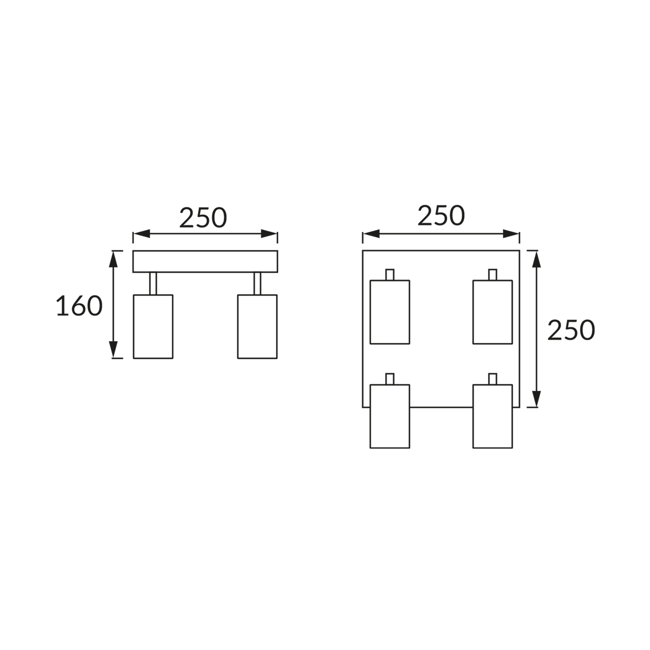 Diagramm einer Deckenleuchte mit vier Strahlern. Abmessungen in Millimetern. Weißer Hintergrund.