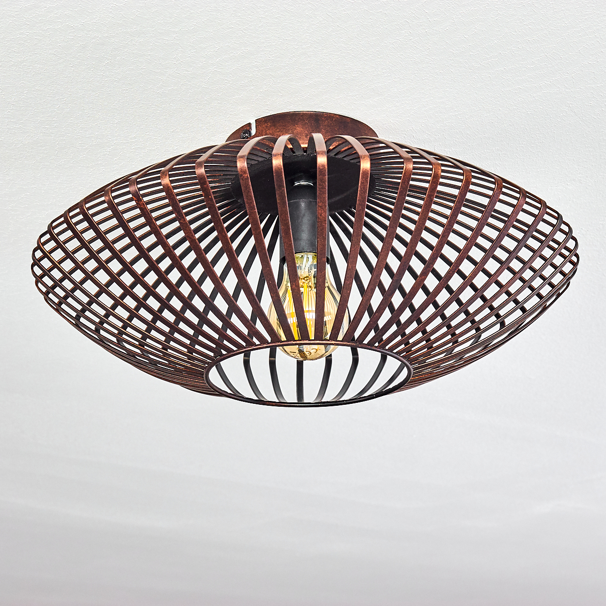 Eine bronzeartige, käfigartige Deckenleuchte mit sichtbarer Glühbirne. Weißer Hintergrund.