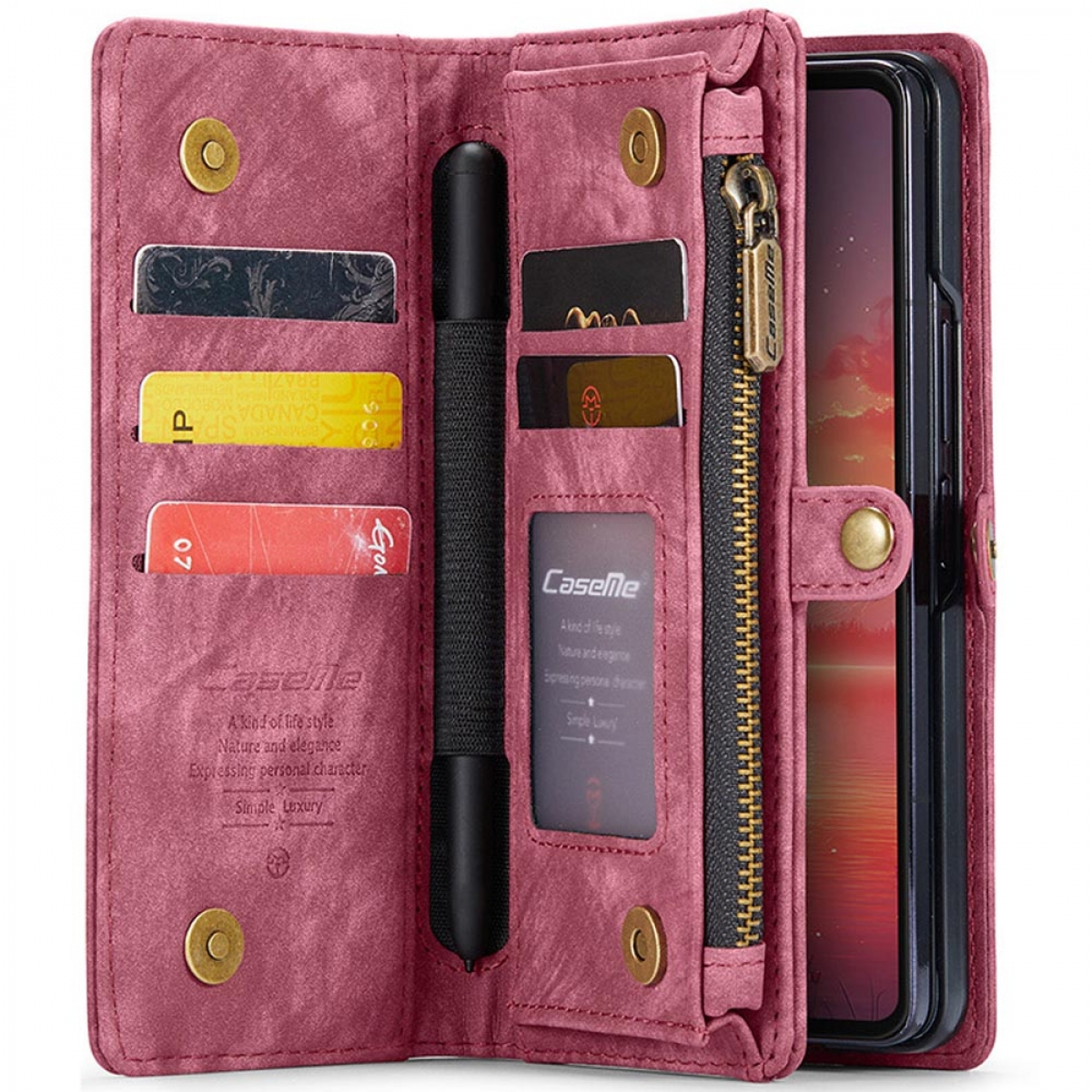 Geöffnete rosa Geldbörse mit Fächern für Karten, einer Reißverschlusstasche, einem Stifthalter und einem Smartphone im Inneren.