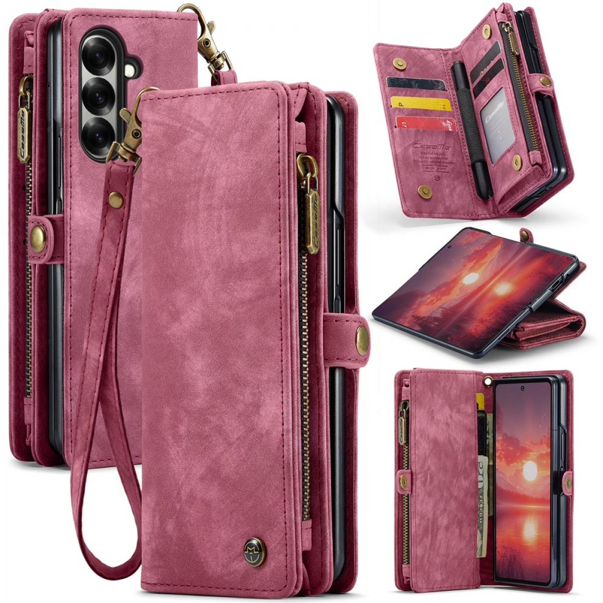 Rosa Handy-Geldbörsen-Etui mit mehreren Fächern und einer Handschlaufe, verschiedene Winkel.