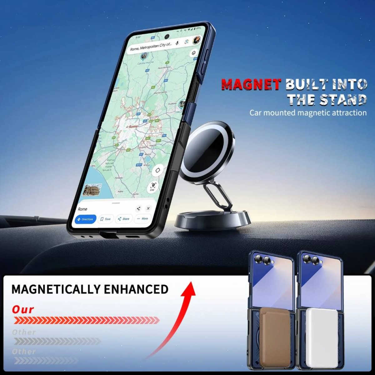 Telefon mit Karte auf Autoständer. Schwarze Handyhülle auf Ständer. Text: Magnet in den Ständer eingebaut.