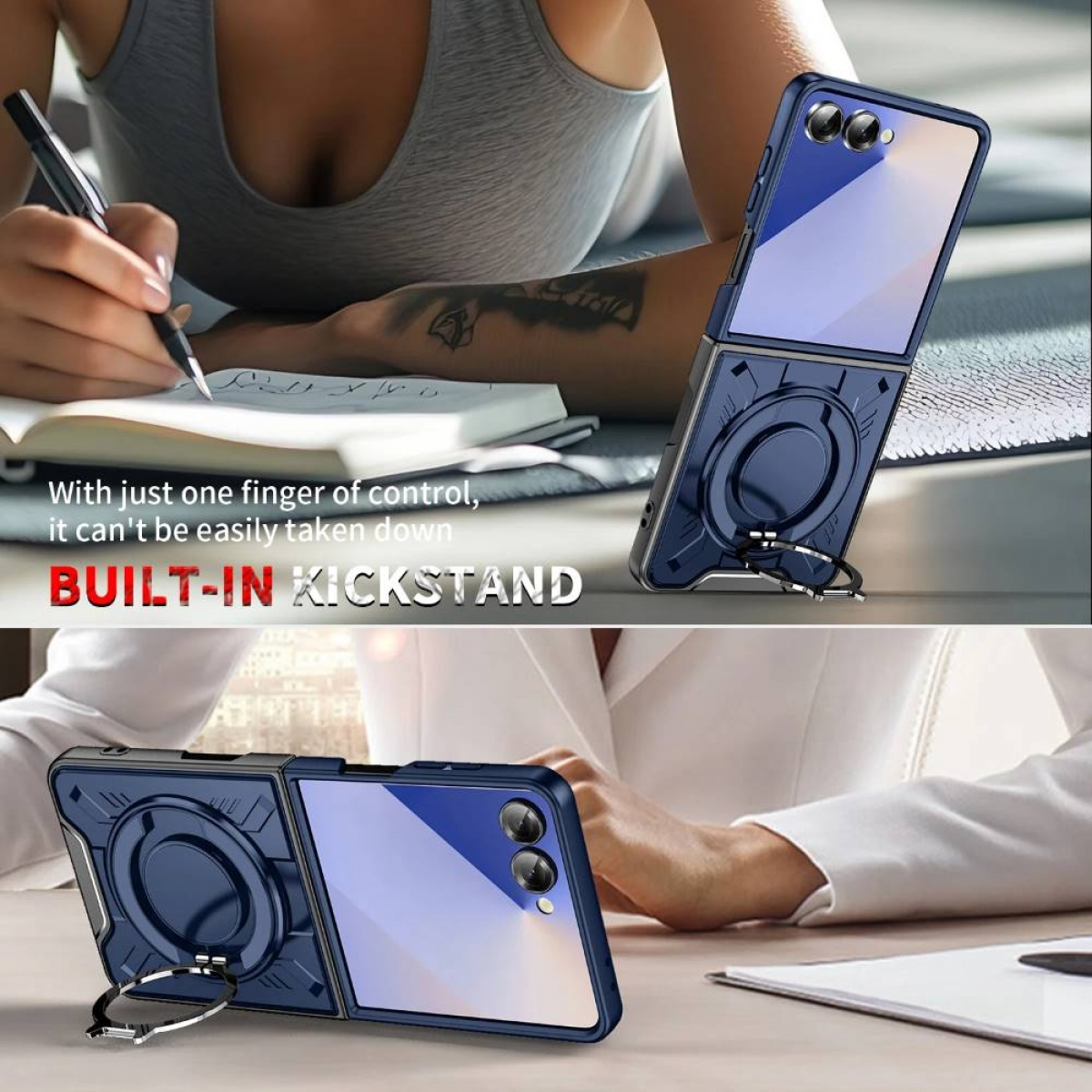 Frau mit Handyhülle. Telefon hat eingebauten Ständer, das Telefon ist offen.