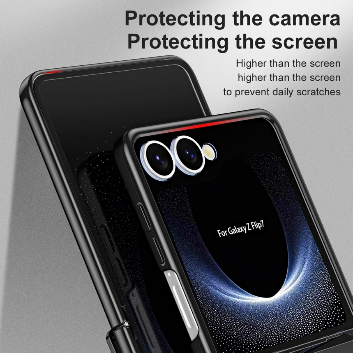 Eine schwarze Handyhülle, die die Kamera und den Bildschirm eines Telefons schützt, mit dem Text: Für Galaxy Z Flip7.