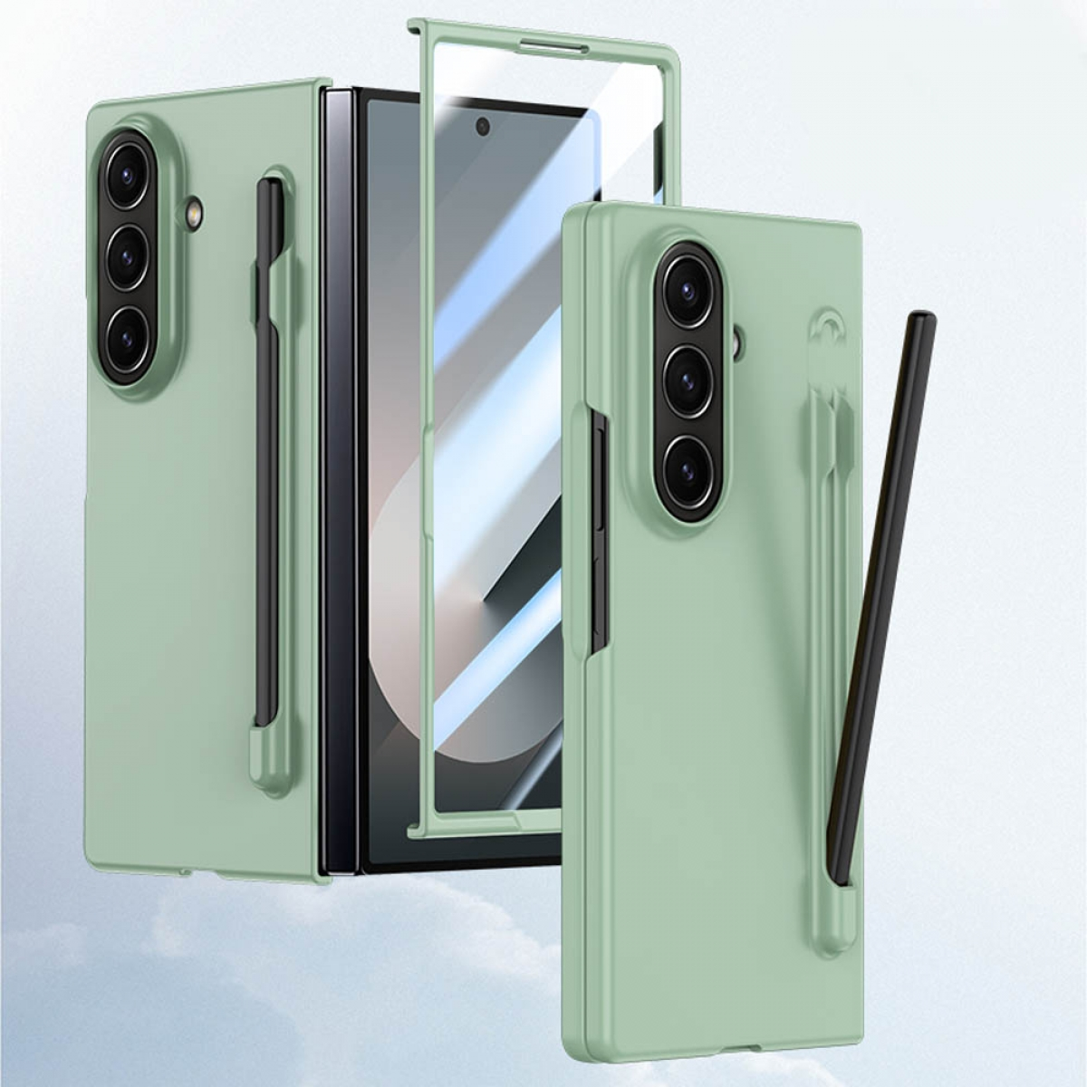 Grüne Handyhülle mit Stift und Displayschutz. Zeigt das Telefon mit und ohne Displayschutz.