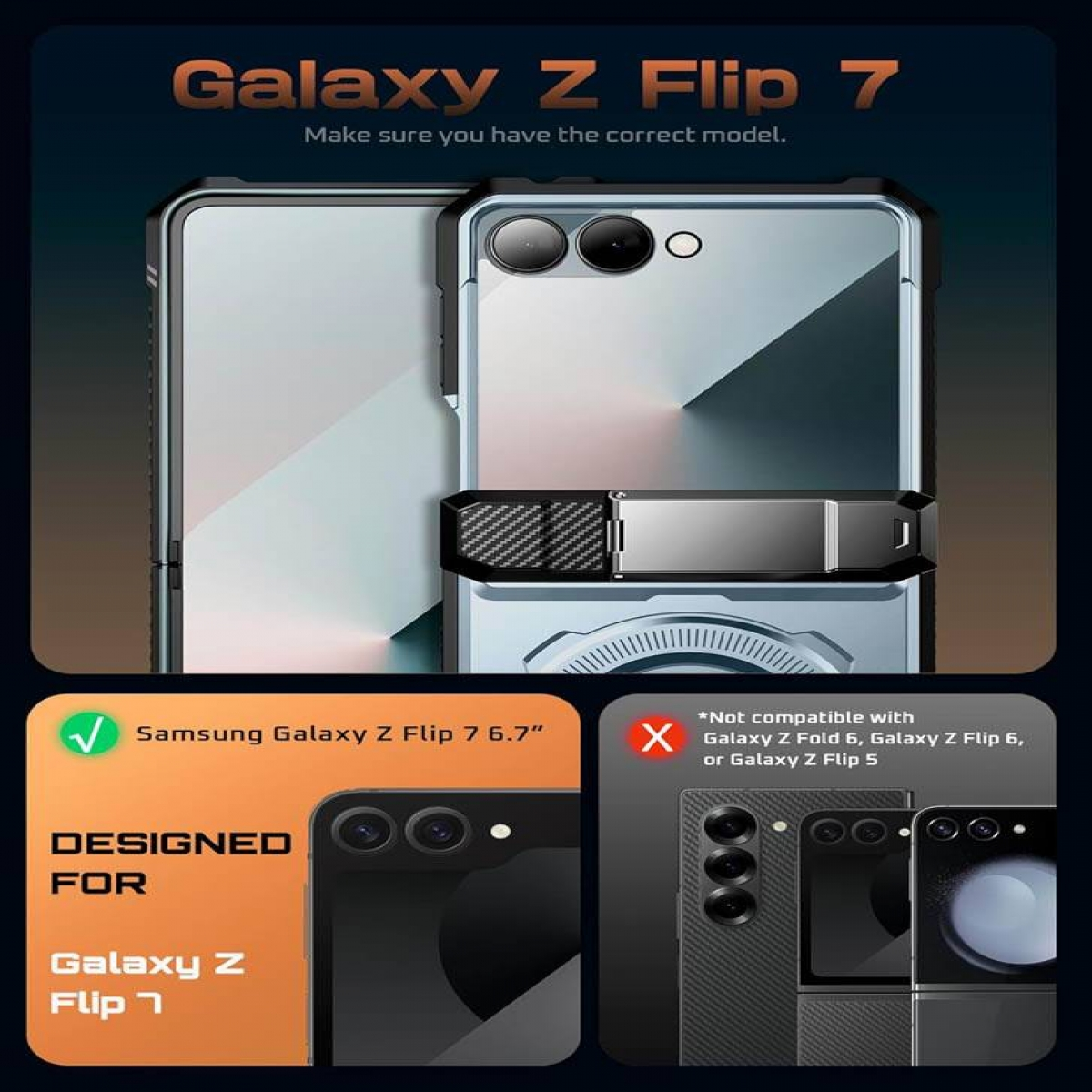 Werbebild für Galaxy Z Flip 7 Handyhülle, Kompatibilitätsinformationen und Modellvergleich.