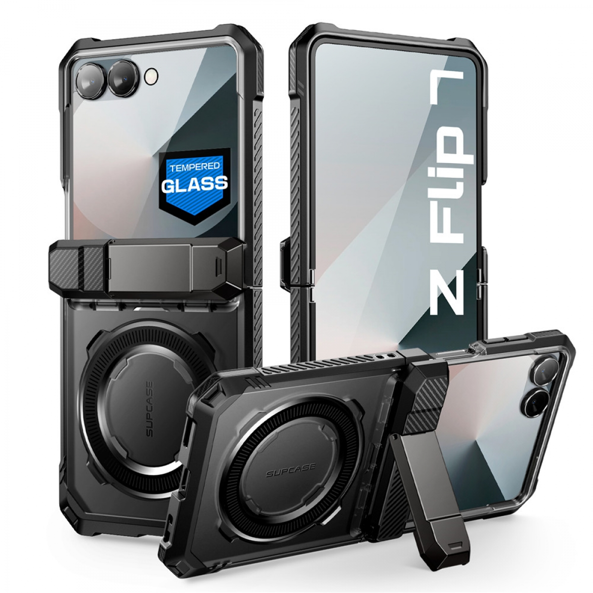 Schwarze Handyhülle mit Ständer und drehbarem Magnetring. Mehrere Ansichten, das Telefon zeigend.