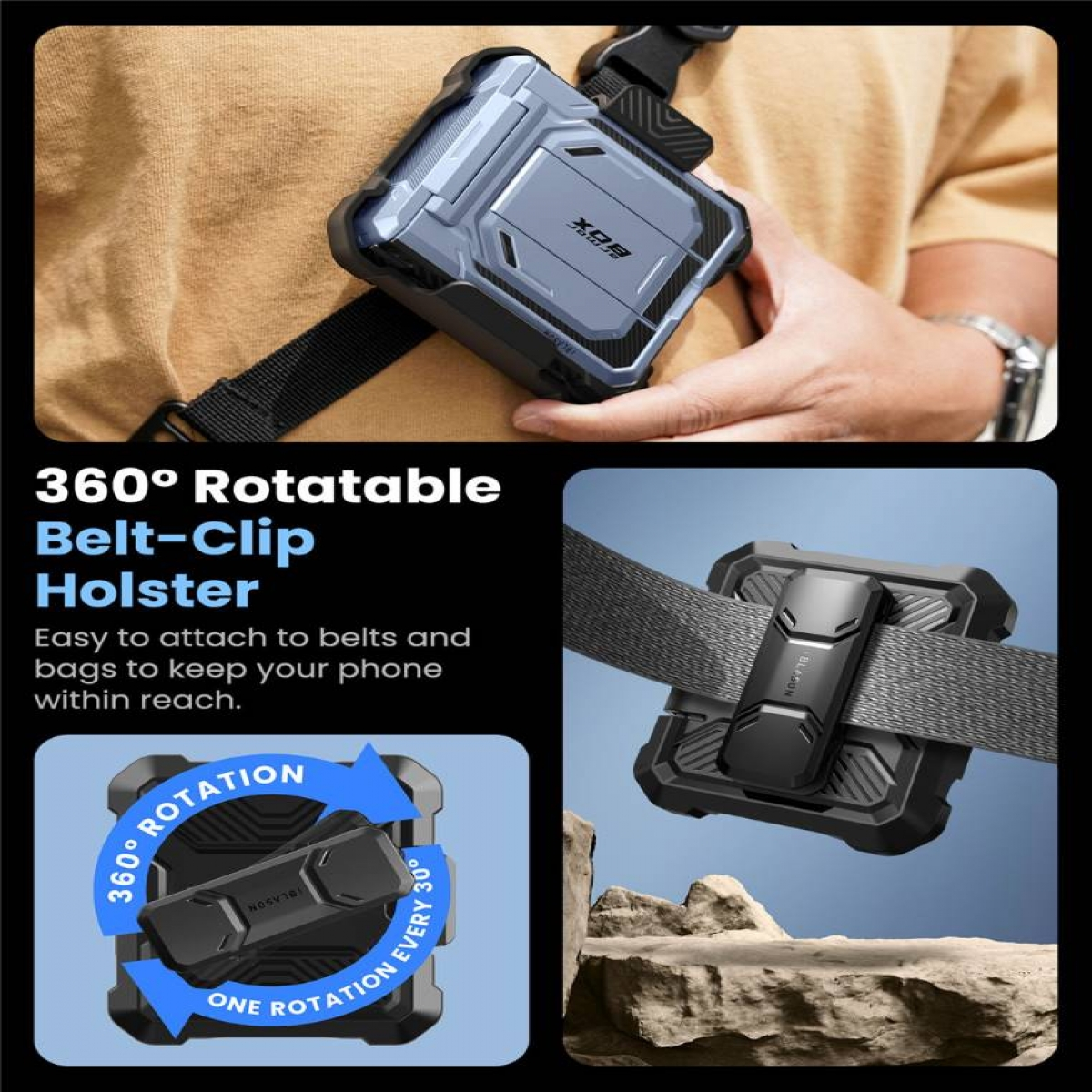 360° drehbare Gürtelclip-Halterung mit einer Handyhülle darin. Pfeile zeigen die Drehung an.