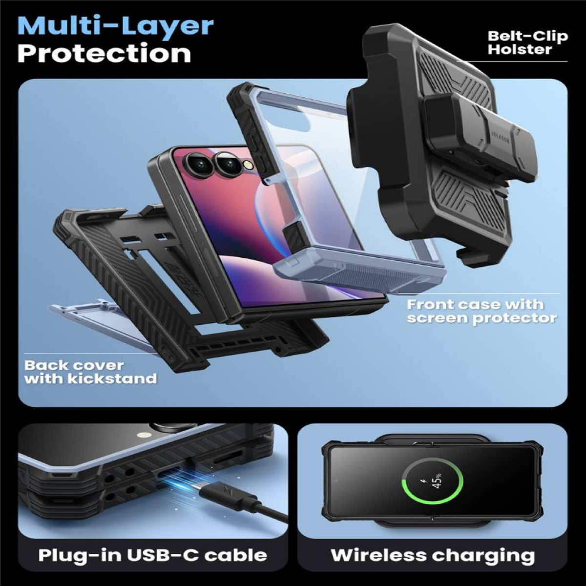 Mehrschichtiger Telefonschutz. Zeigt eine Handyhülle mit Gürtelclip. USB-C-Kabel und kabelloses Laden.