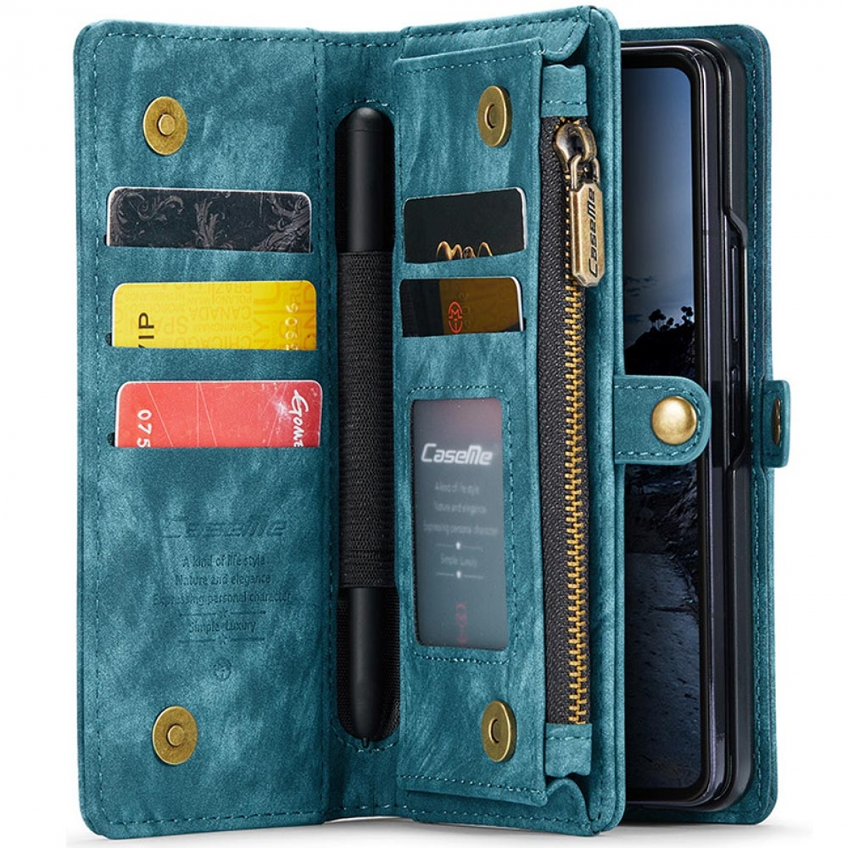 Eine türkisblaue Brieftaschen-Handyhülle ist geöffnet und zeigt Kartenfächer, einen Reißverschluss und den Telefonbildschirm.