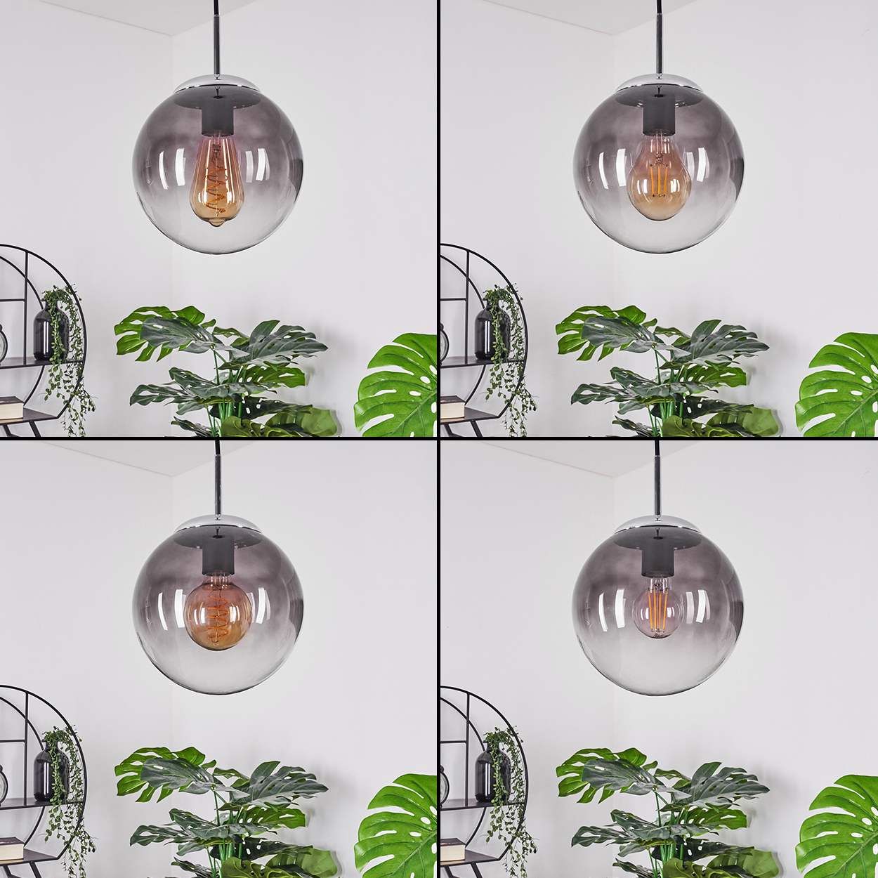 Vier Bilder einer Hängelampe mit großem, rundem, rauchglasfarbenem Schirm, jeweils mit einer Glühbirne darin.