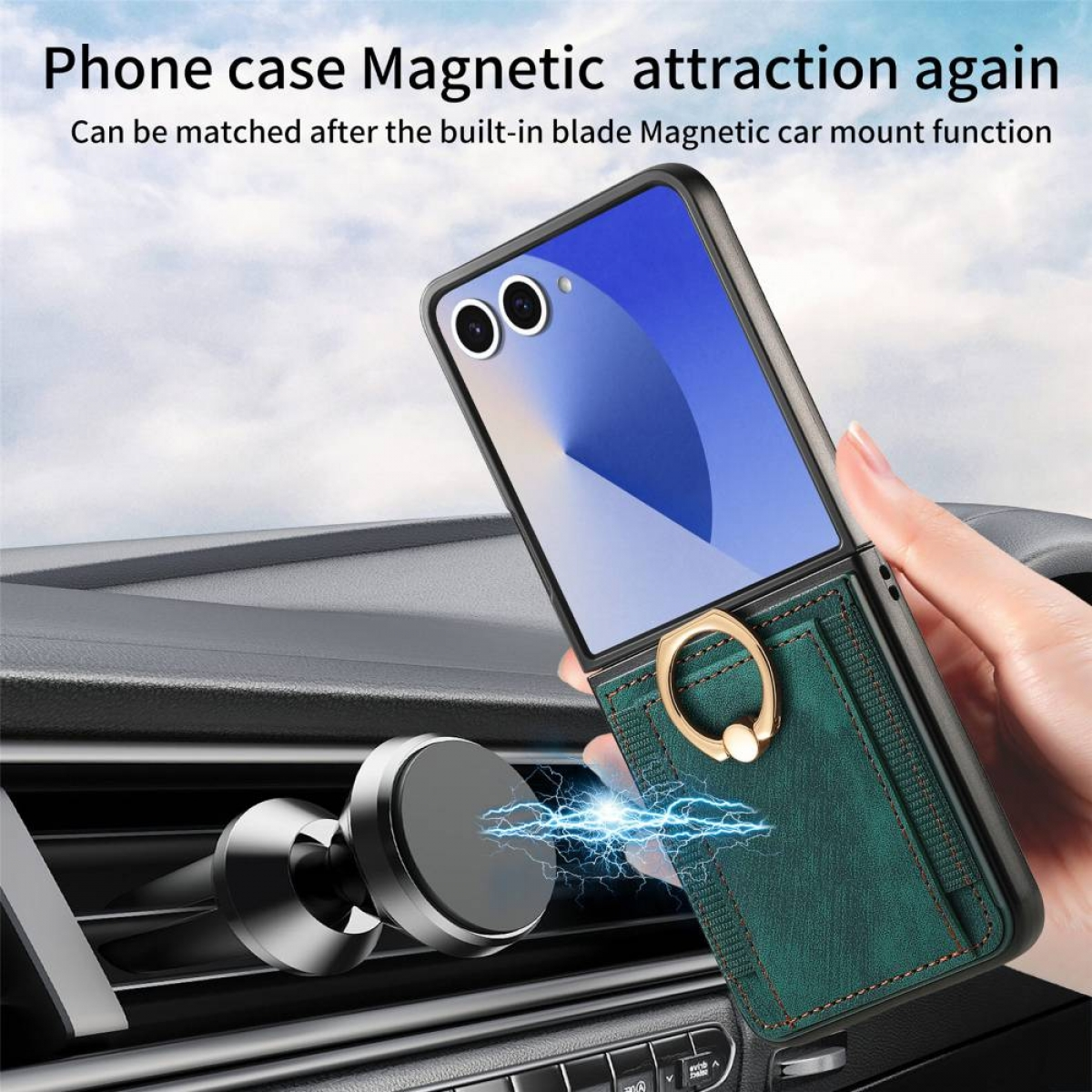 Eine Handyhülle mit Ringhalterung an einem Telefon. Eine magnetische Autohalterung ist sichtbar. Das Telefon befindet sich in einem Auto.