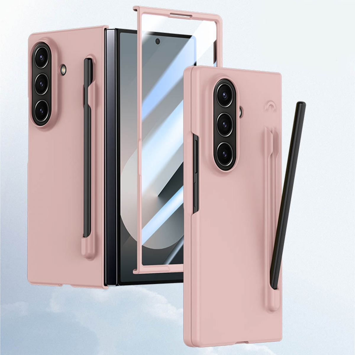 Rosa Handyhülle mit klarer Bildschirmabdeckung und Stift. Das Telefon ist gefaltet und entfaltet.